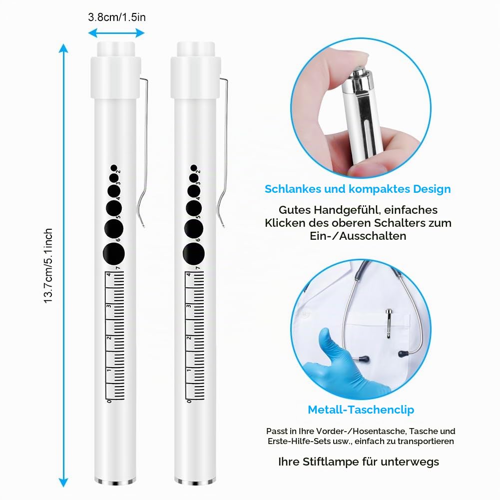 flintronic 2 x Pupil Light Medicine, Diagnostic Light Nurse Emergency Service Accessories with Pupil Meter & Ruler, Rechargeable USB LED Pen Lamp for Nurses Students Doctors #6 White 2pcs