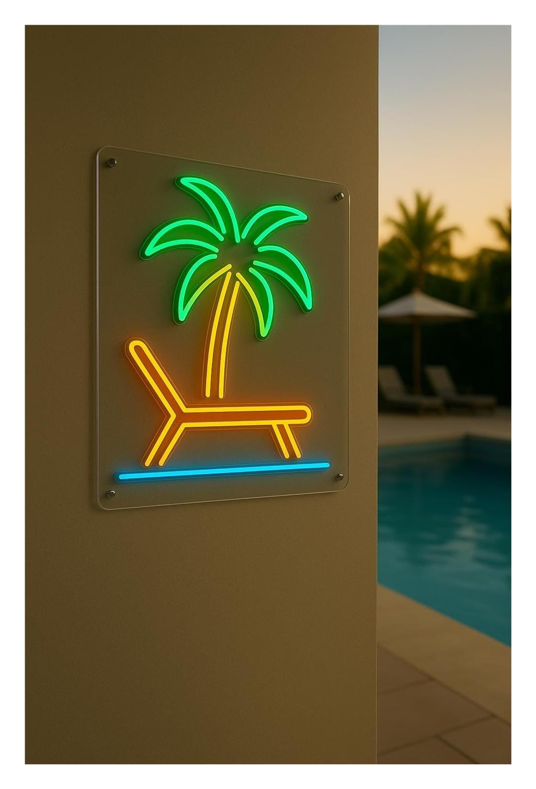 RONGCH Hanging Art Signs Pool Neon Sign Palm Tree and Lounger for Gameroom Bedroom Bar Livingroom Birthday Party Wall Decoration 50cm(D)