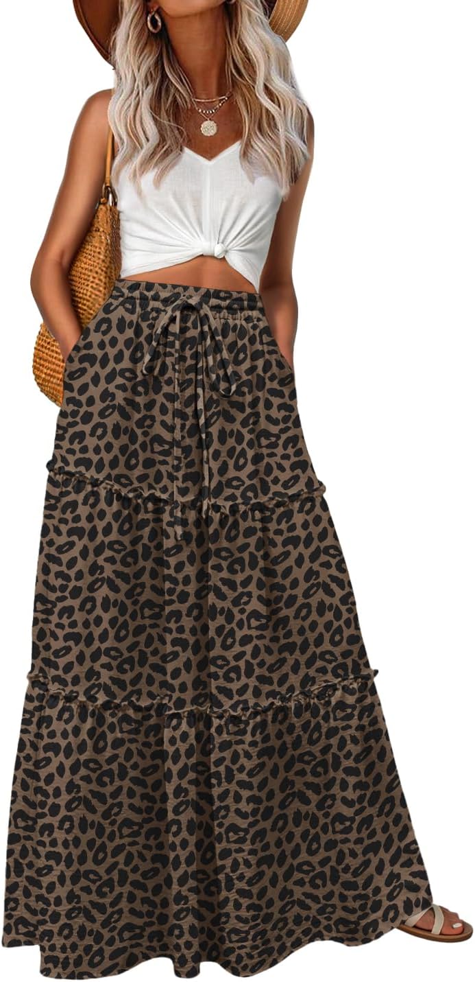 Lepunuo Womens Casual Boho High Waisted Flowy Maxi Skirts Tiered Floral Long Skirts with Pockets for Summer Beach Vacation