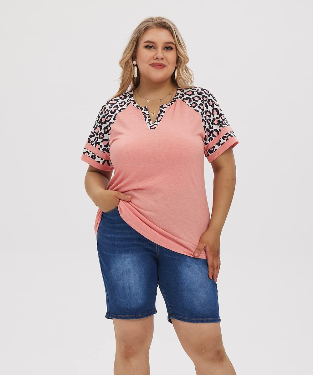 CARCOS Plus Size Tops for Women Short Sleeve Summer Pullover Color Block Crewneck/V Neck Tee Tunic Loose Fit Tshirts XL-5XL - Image 3