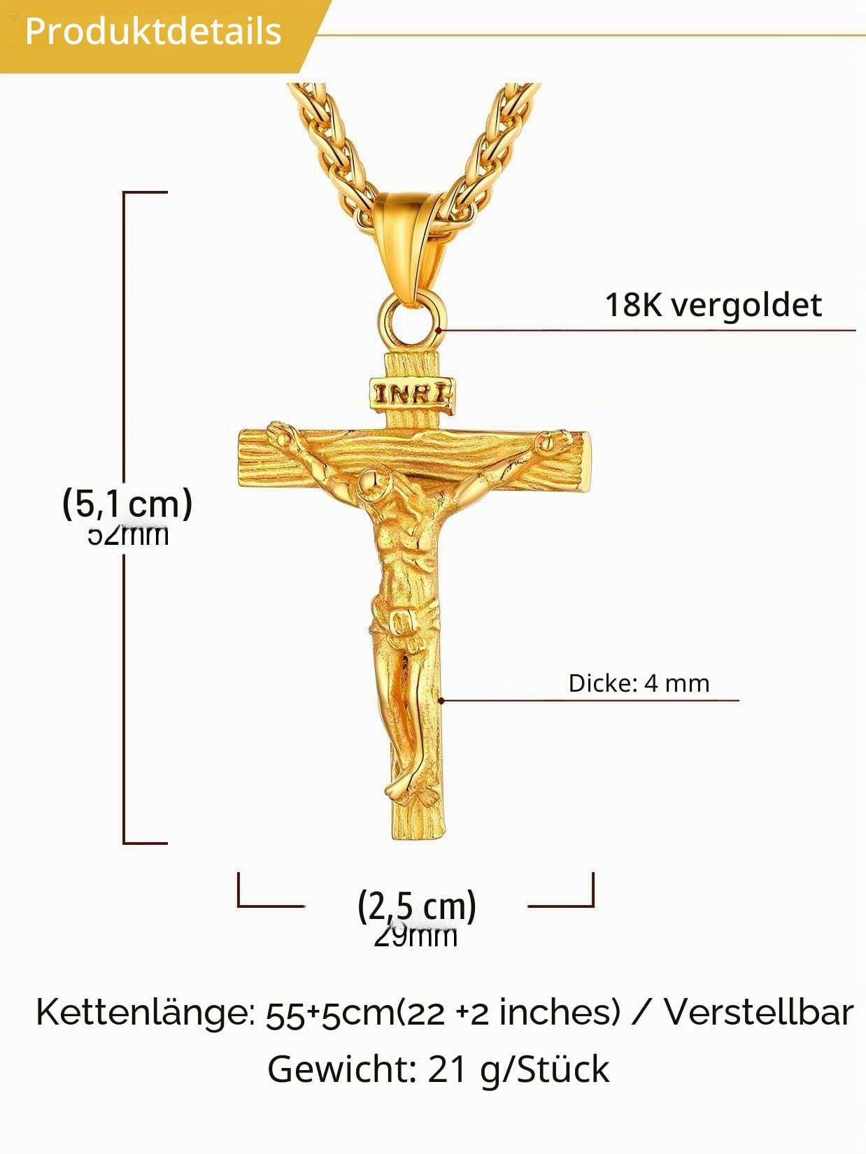 U7 Jesus Kruzifix Kreuz Kette INRI Anhänger Herren 316L Edelstahl Unisex | Nickelfreier Schmuck, Weizenkette 55+5cm, personalisierbare, 4 Farben, Geschenk für Konfirmation, Taufe & Ostern