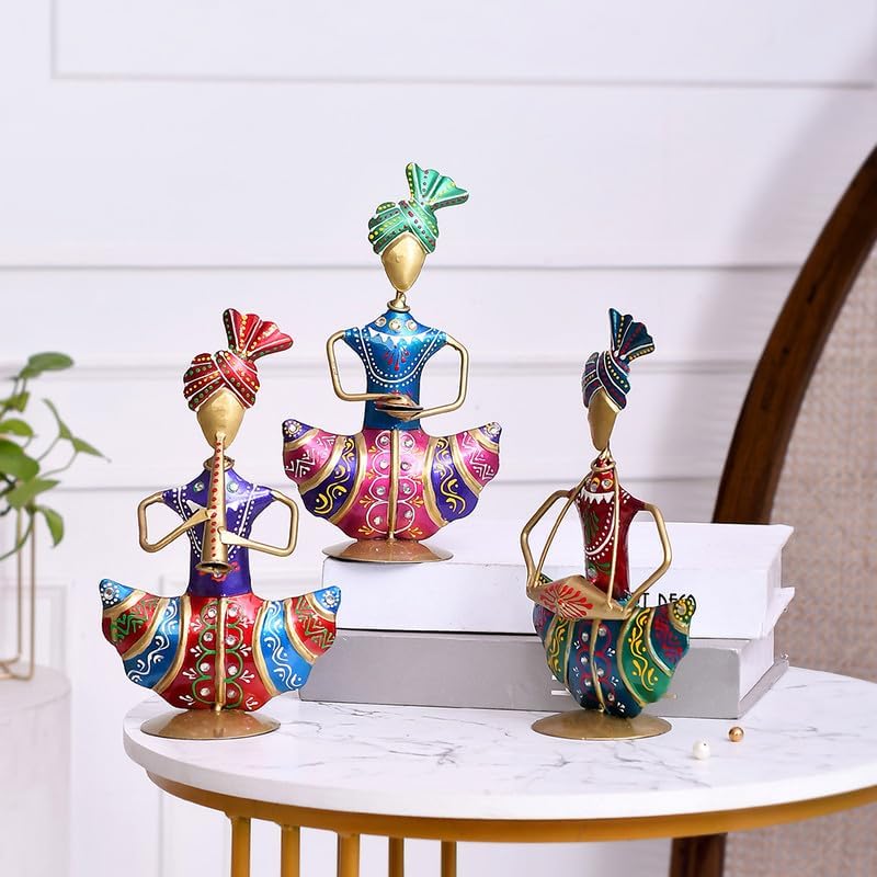 Image of Sitting Sardar Set of 3 Handcrafted Rajasthani Musician Figurines | Traditional Indian Folk Art Showpiece for Home Decor, Living Room, Office Table, Shelf Decoration & Gift Item