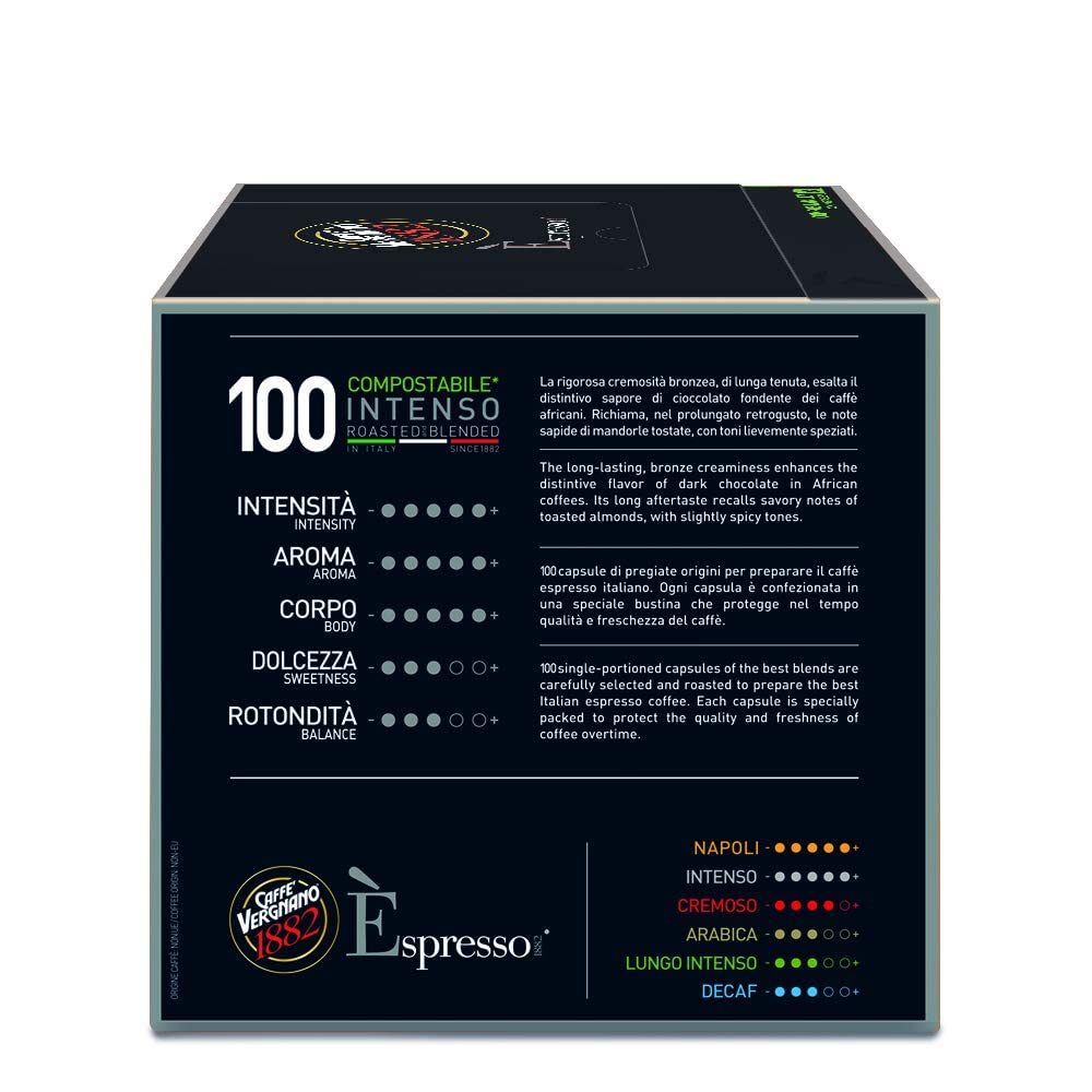 Caffè Vergnano 1882-100 Capsule - Caffè Compostabili e Compatibili con Nespresso, Intenso - Pack da 100 capsule (Confezione da 2)
