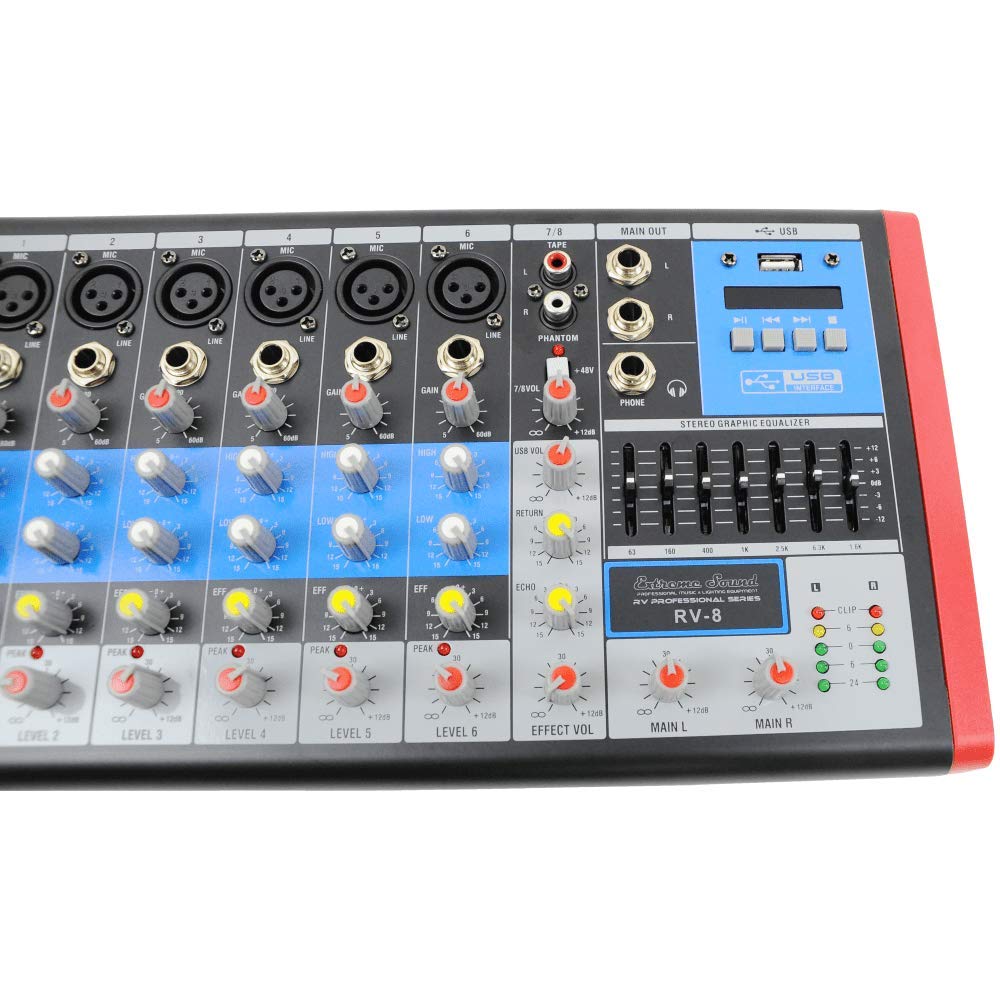 EXTREME SOUND RV-8 MIXER AUDIO PRO 6/8 canali Audio, Bluetooth, USB-MP3 Player, Effetti Riverbero, Phantom Power per MIC Professionali, Equalizzatore e VU-Meters di uscita. Assistenza Italia
