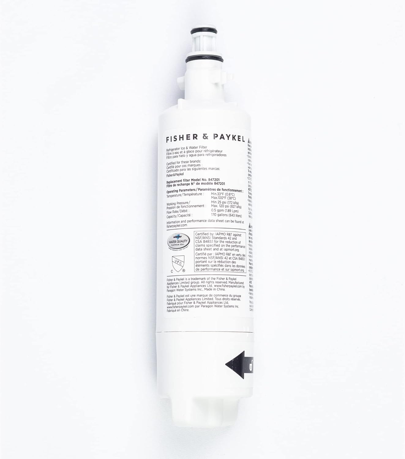 Fisher & Paykel 847201 Refrigerator Water Filter Certified to Remove Chemicals and
