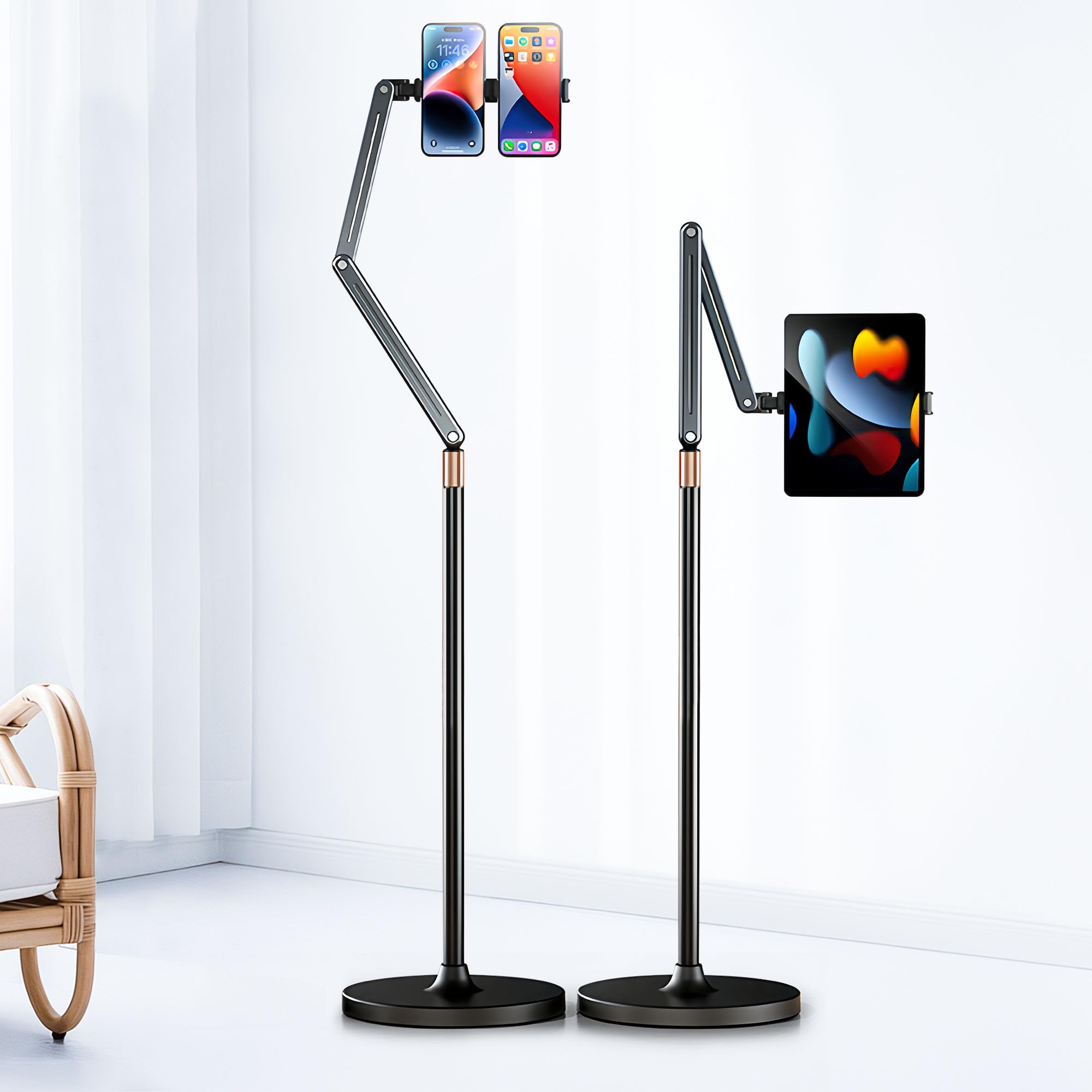 Mechrig Tablet Floor Stand, Angle& Height Adjustable iPad Floor Stand, 2025 Dual-Device iPad & Phone Mount, 360°Tablet Holder for Live Streaming, Overhead Shots & Multi-Angle Recording (4.7"-13")