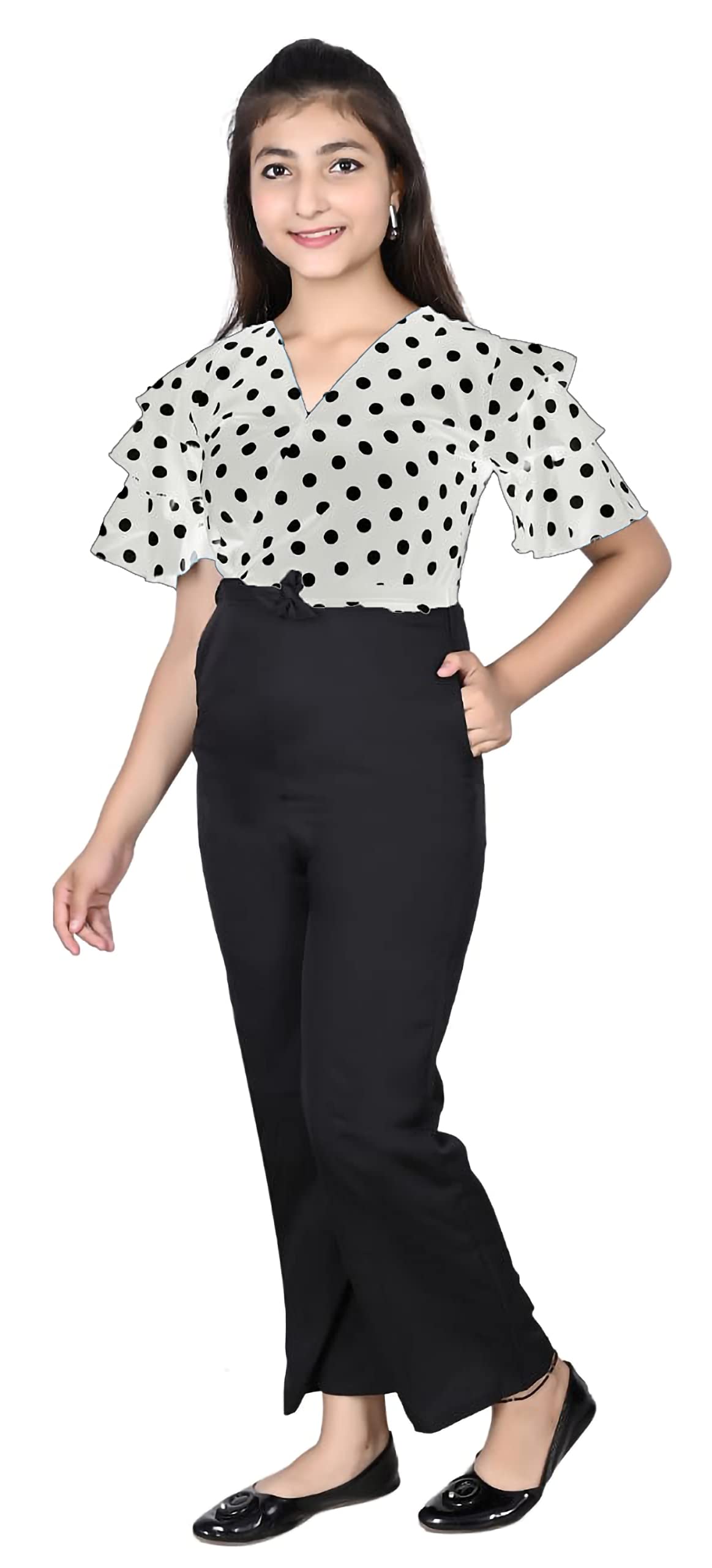 Girls Flared Sleeves Printed JumpSuit-66 (14-15 years, White Black Dot-Black, 1) - Image 3 thumbnail
