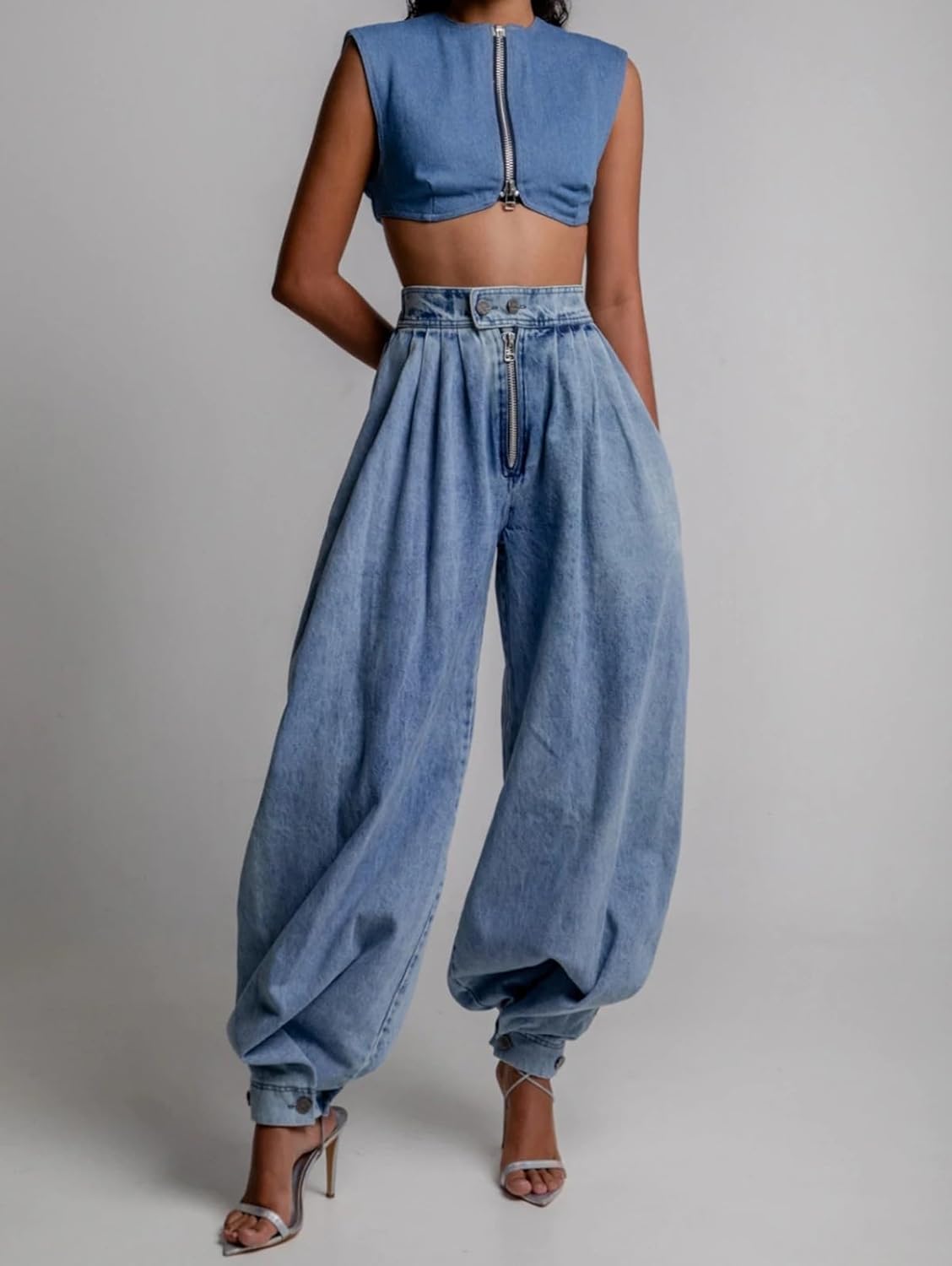 Women's High Waisted Elastic Waist Zipper Jeans Retro Wide Leg Harem Pants Balloon Fit Relaxed Tapered Pants