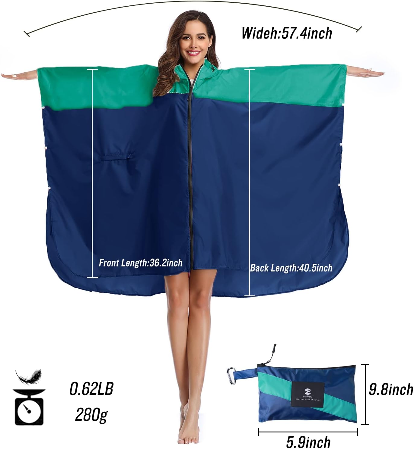  Adult Rain Poncho Waterproof Hooded Zipper Raincoat with Pockets thumbnail