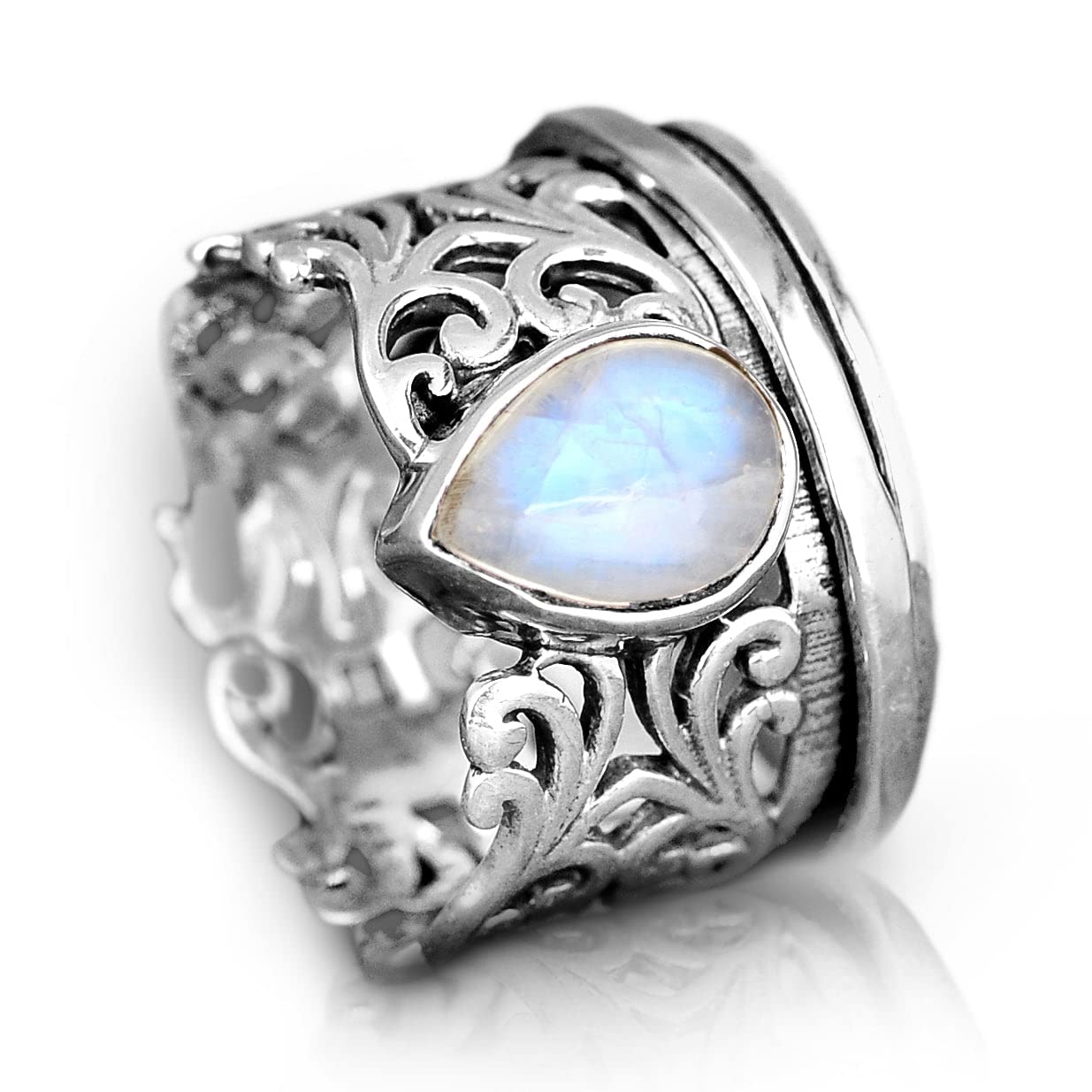 Boho-Magic Spinner Fidget Moonstone Ring for Women 925 Sterling Silver