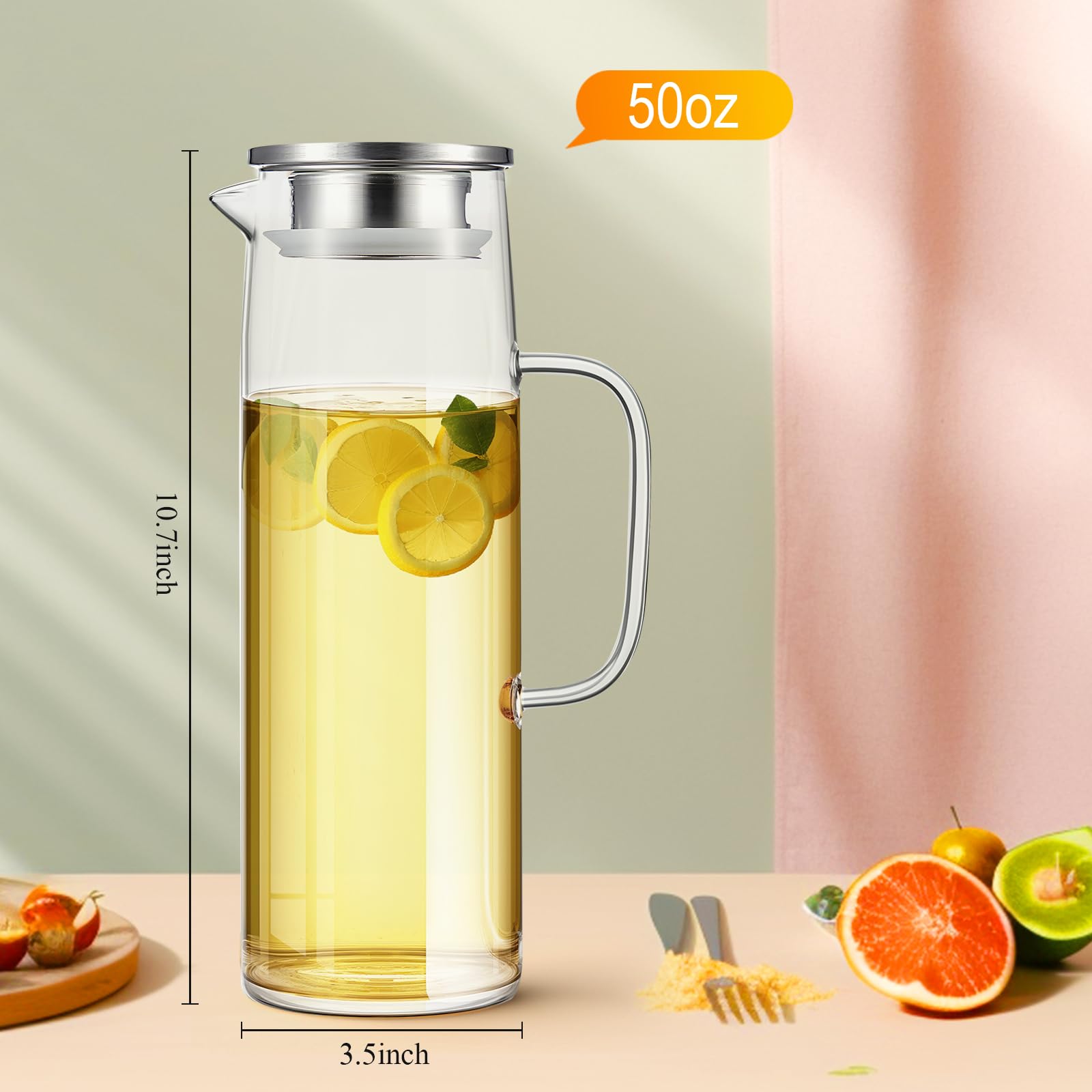 Hsei 2 juegos de jarra de vidrio con tapa, jarra de agua de 1500 ml con asas para bebidas frías y calientes, jarra de vidrio para té, jugo, leche, café, bebidas heladas