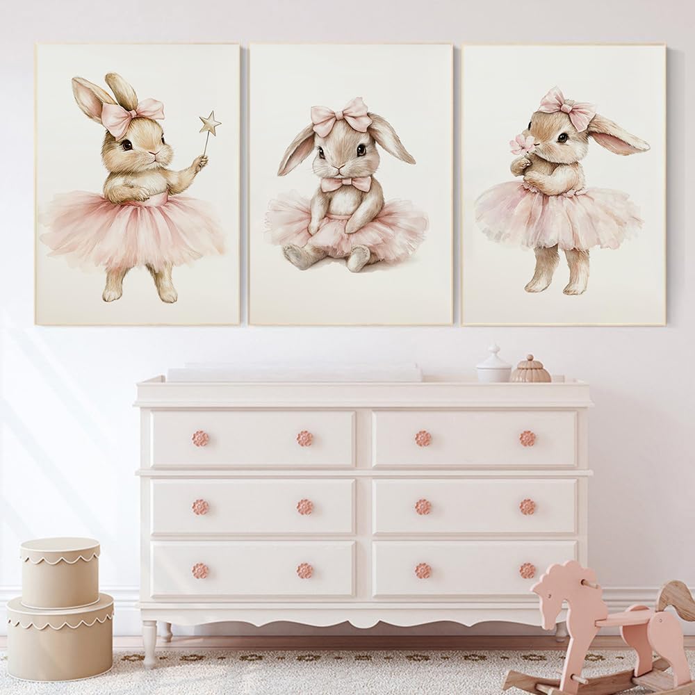 BeiYiHo 3 Tableau Lapin Chambre Fille Affiche Lapin Chambre Bebe 30x40cm Poster Chambre Ado Fille Boho Deco Chambre Enfant Bebe Rose Poudré Cadeau Toile SANS CADRE (BYCH082-30x40)