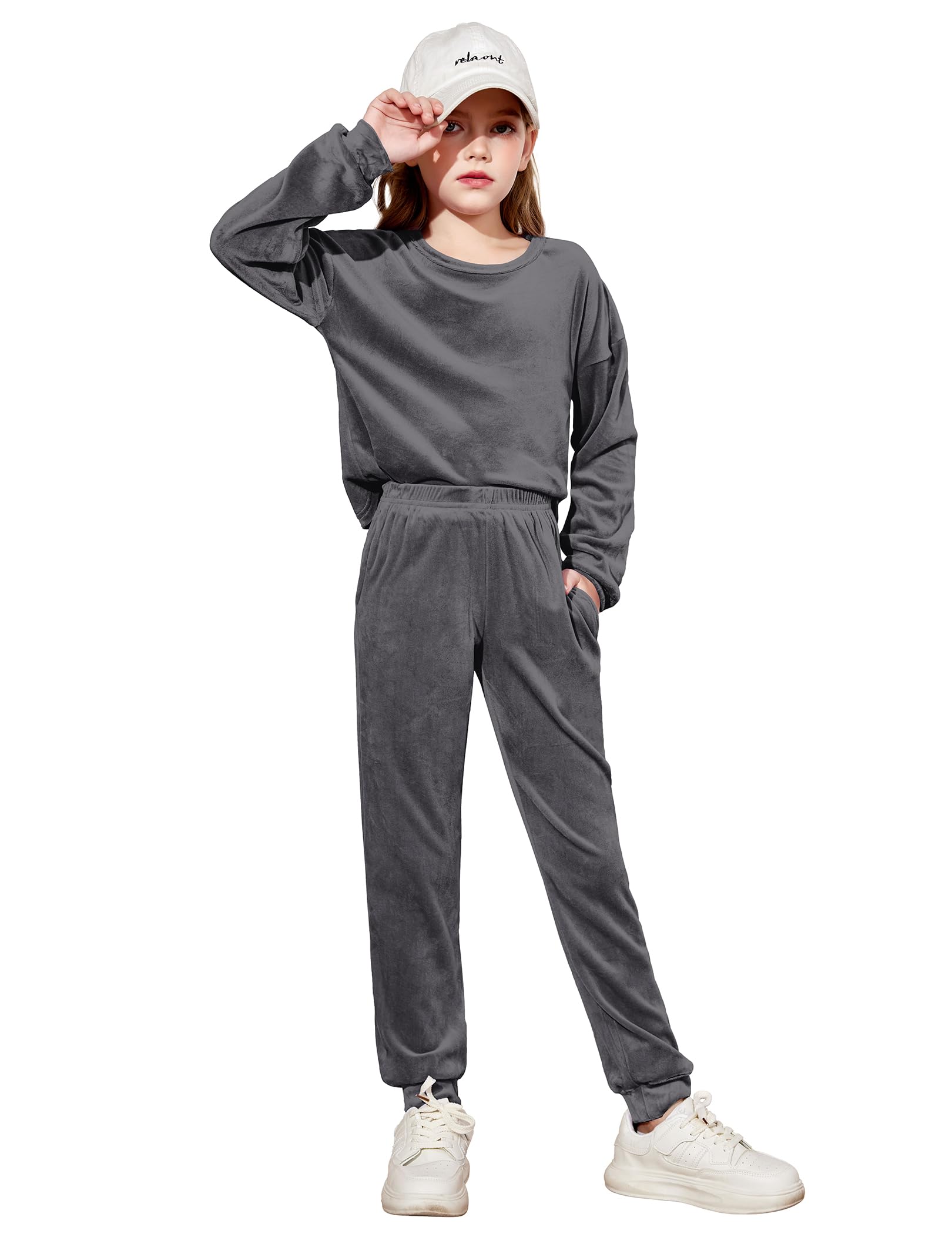 Arshiner Girls 2 Piece Outfits Kids Casual Velour Sweatshirts &amp; Pants Set