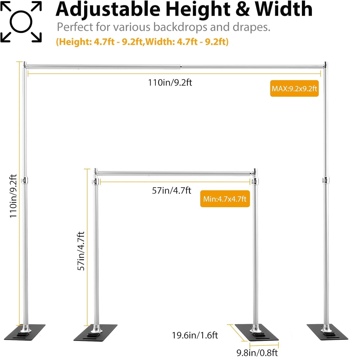 Backdrop Stand Heavy Duty 9.2x9.2ft - Adjustable Photo Backgdrop Stand Kit for Photography, Wedding, Party, Family Celebration, Portable Pipe and Drape Support System with Carrying Bag