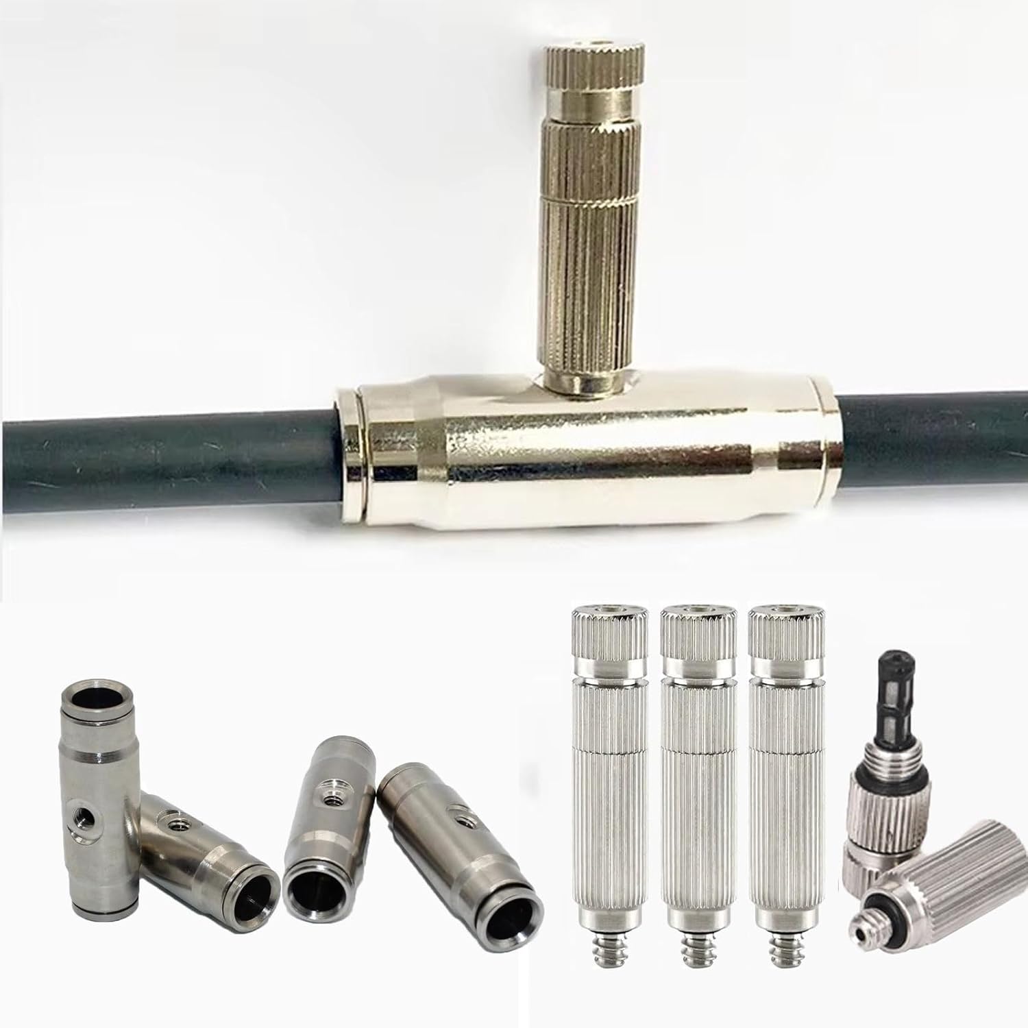 GQQGSHOP 10pack High Pressure Brass Misting Nozzle with Filter, 3/16" Slip-Lock Tees for Cooling System, Brass Fog Nozzle Connector with Fog nozzles, Anti-drip Fogging Spray Head(1.0mm)