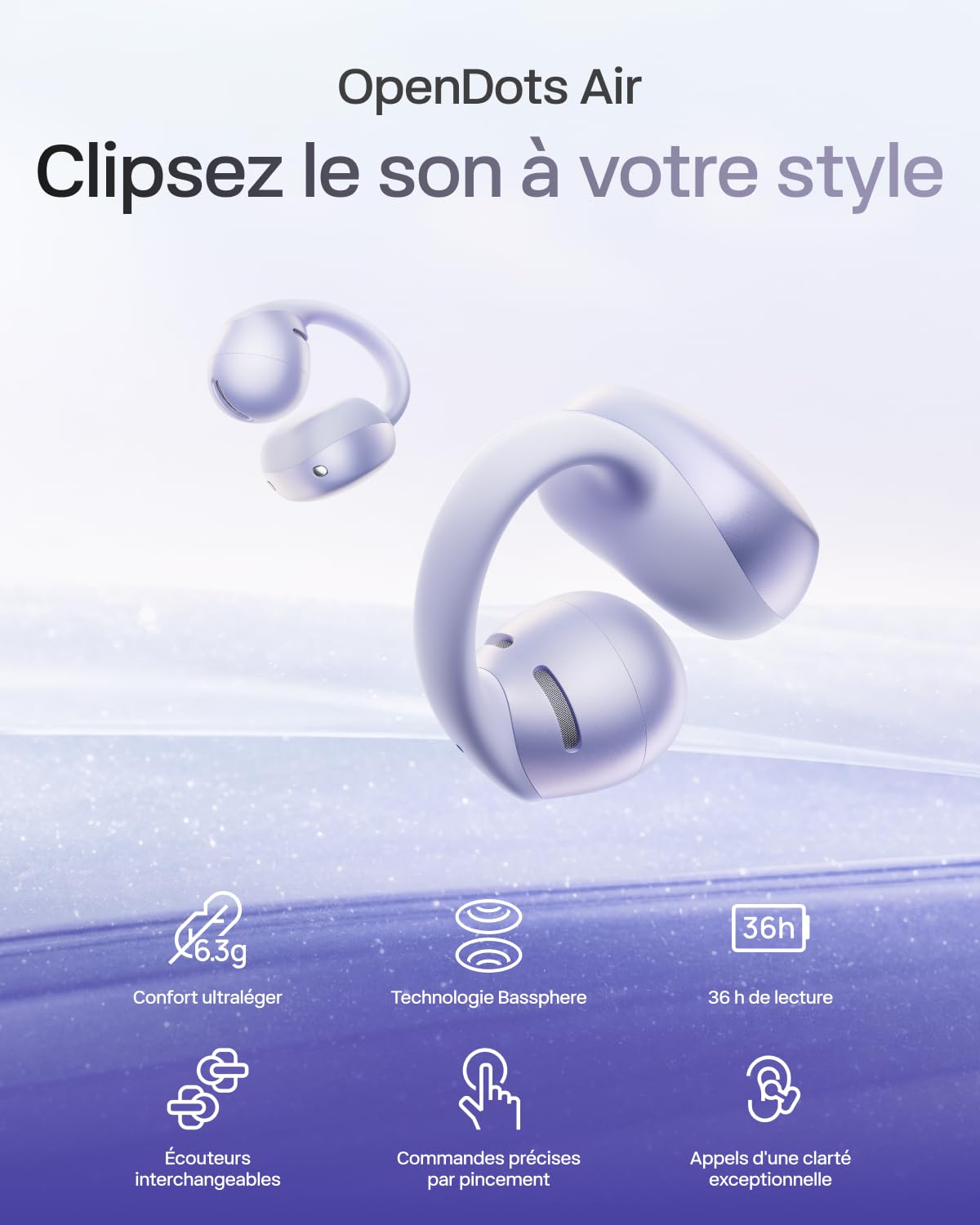 SHOKZ OpenDots Air Écouteurs sans Fil Clip-on à Oreilles Libres, 6,3 g, Maintien Sécurisé, Bluetooth 6.1, Basses Profondes, 36 h d'autonomie, Appels avec Réduction du Bruit par IA, IP55, Violet