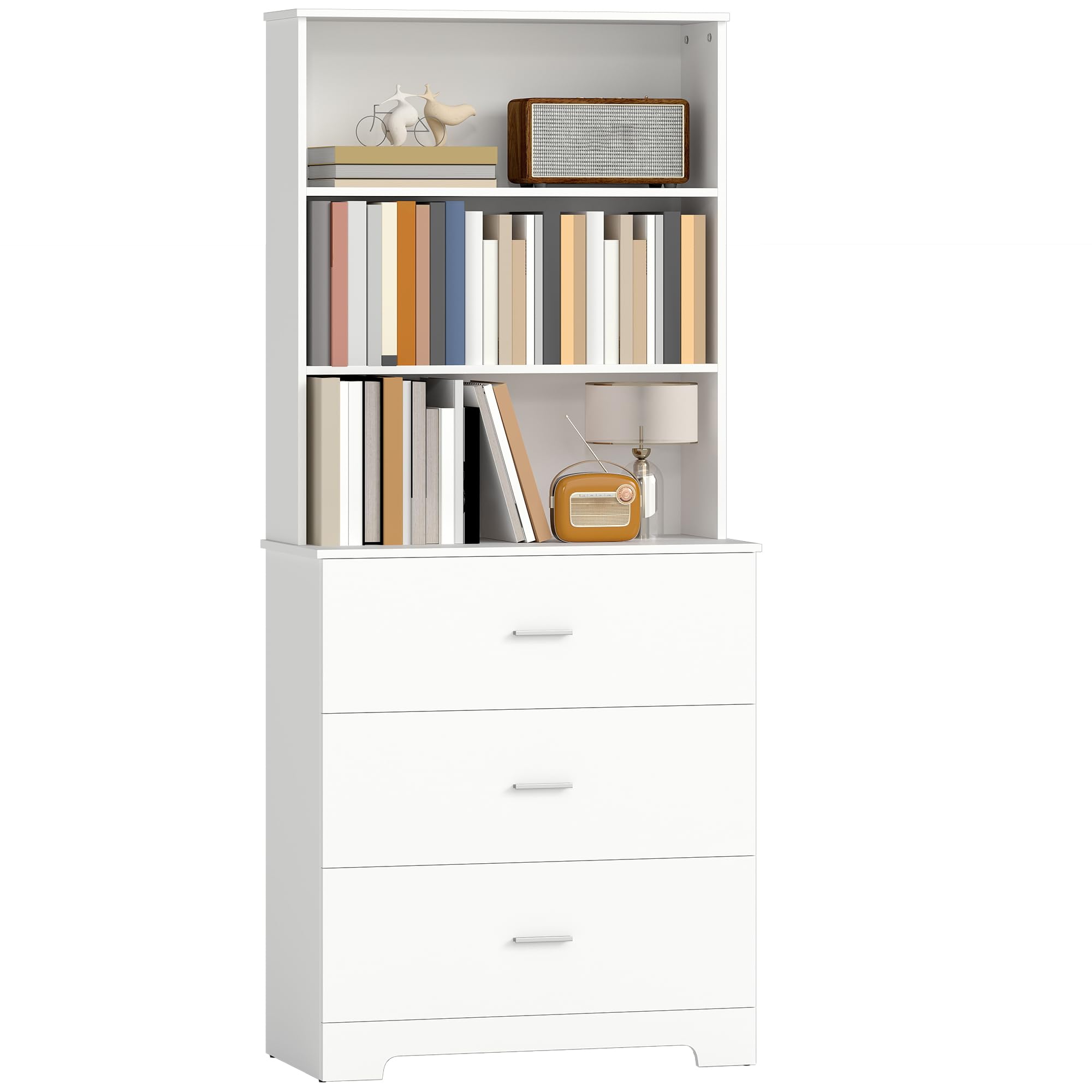 HOMCOM Libreria Scaffale Alta 182.2 cm a 3 Ripiani Aperti e 3 Cassetti, Libreria Verticale Salvaspazio, Mobile Portaoggetti in Legno per Soggiorno, Camera da Letto, Studio e Ufficio, Bianco