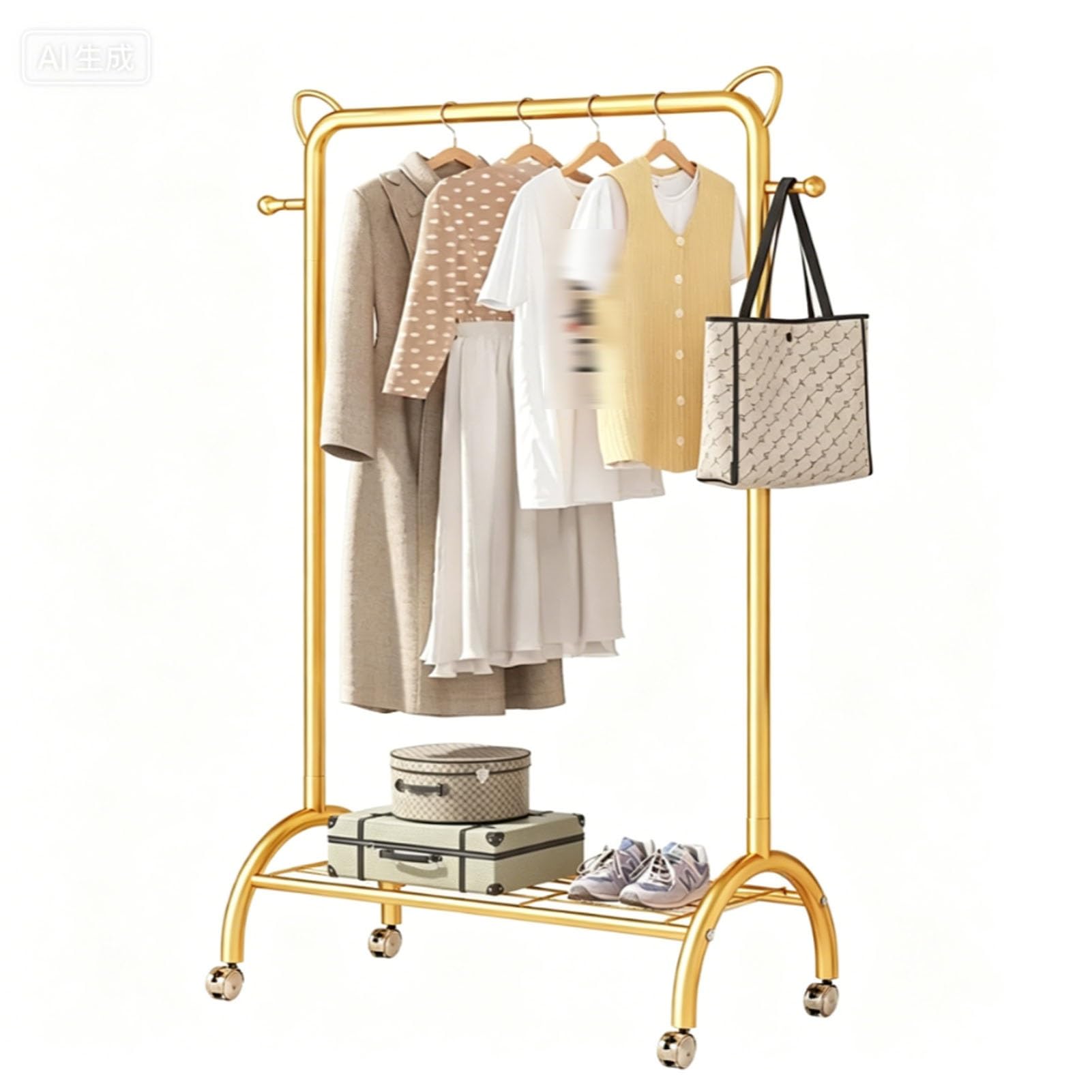 YAOHY Rack for Hanging Clothes, Clothing Rack On Wheels, Rolling Garment Rack With Mesh Storage Shelf Sturdy Metal Frame, for Hanging Clothes, Coats, Skirts(Gold,23.6in/60cm)