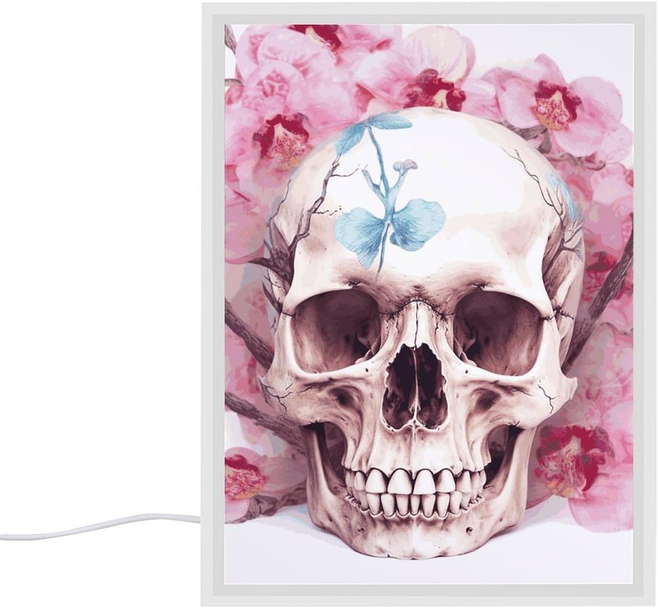 Human Skull Pink Flowers Vanity Mirror with Lights Lighted Makeup Mirror with 3-Color Lighting Dimmable LED Makeup Mirror for Vanity Desk Tabletop Bedroom Dressing Room