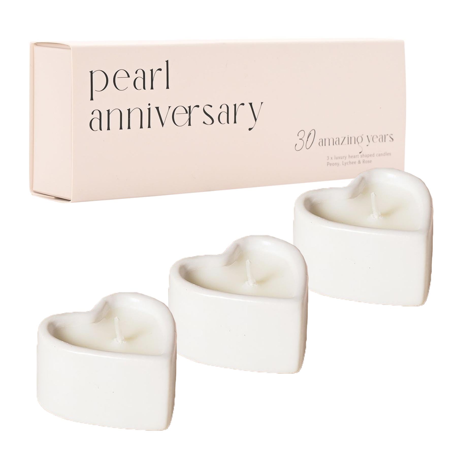 Pearl Anniversary Scented Candles 3 Pack Heart Peony, Lychee and Rose Scent with 4 Hour Burn Time - 30th Anniversary