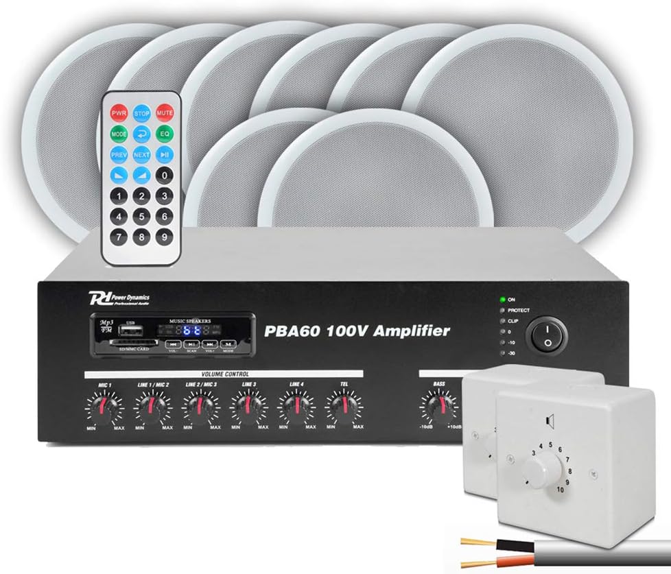 Power Dynamics 8 Ceiling Speakers Bluetooth Amplifier 100V 2 Room