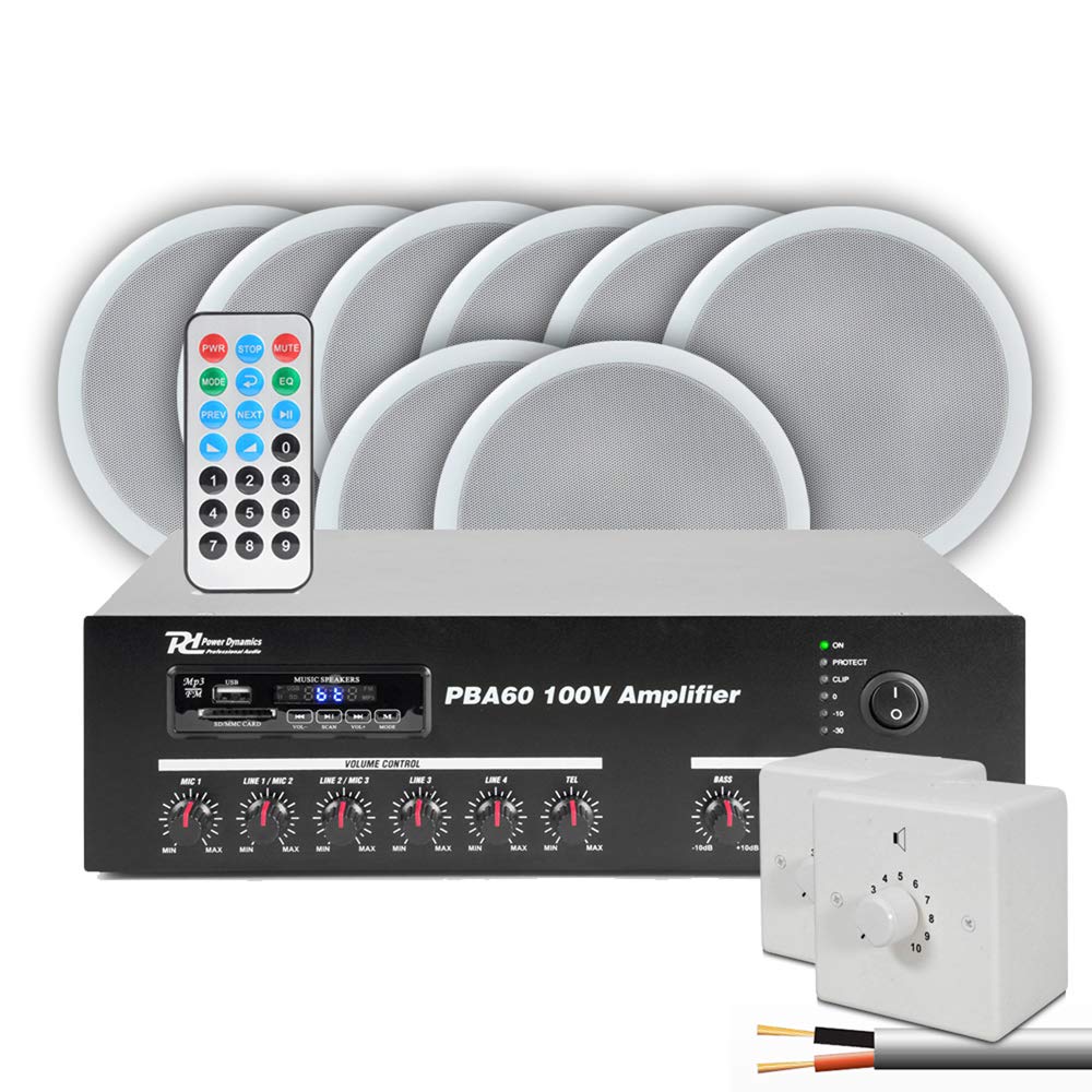 Power Dynamics CSPB5 8x 5 Ceiling Speaker System with Bluetooth Amplifier, 2-Zone Attenuators & Speaker Cable - Commercial Audio PA for Restaurants, Shops, Offices