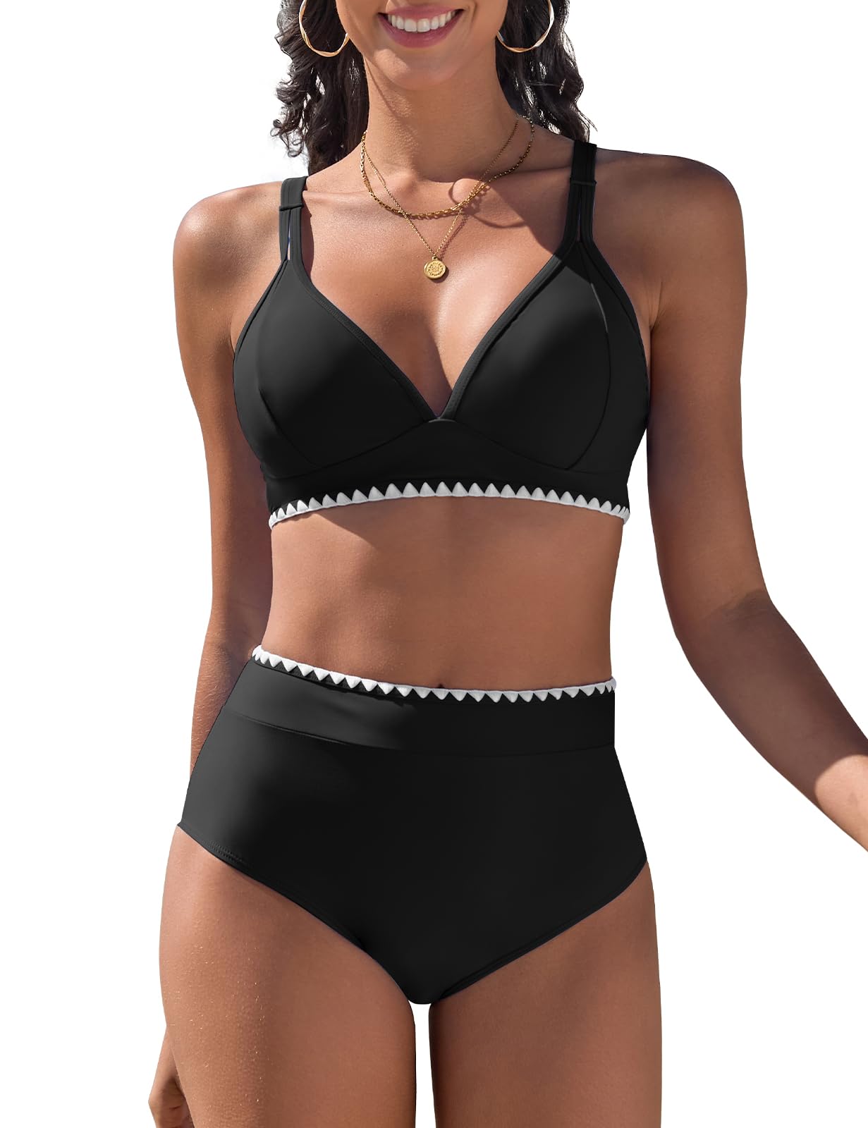 Maillot de Bain Femme 2 Pieces Taille Haute Bikini Set Col V Ensemble Chic et Elegant avec Dentelle Blanche