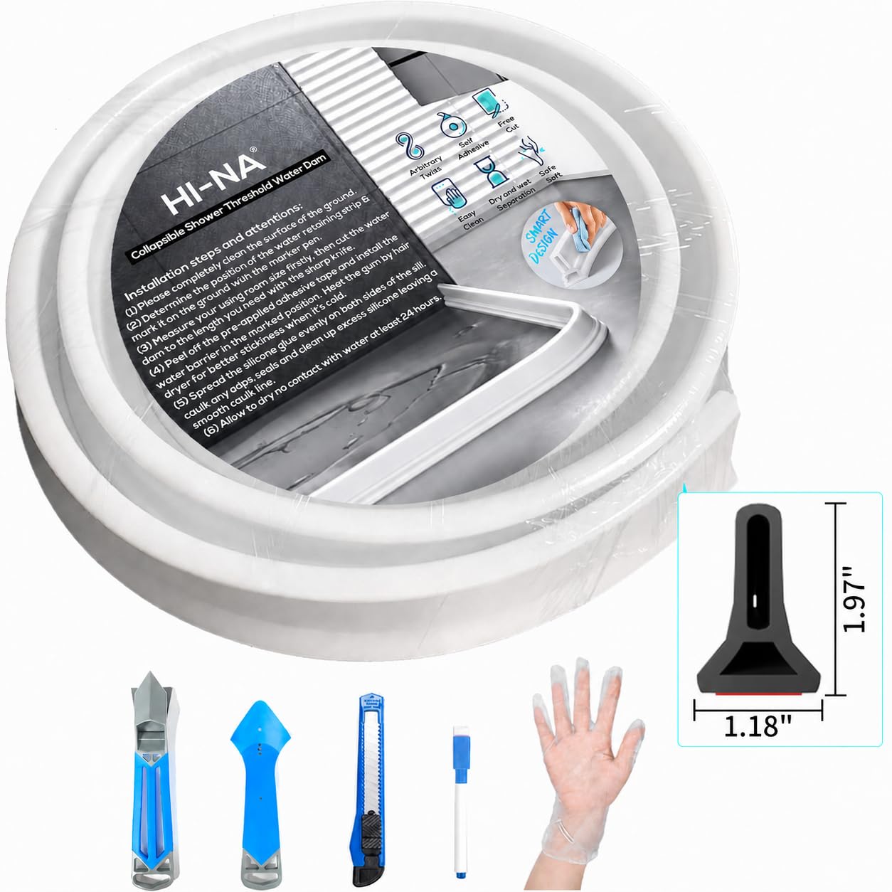 Hi-Na Umbral de ducha plegable de 3 pies/5 pies/6 pies/8 pies 10 pies, barrera Watei para ducha y tapón de agua, mantiene el agua dentro del umbral del agua para separación húmeda y seca (3 pies,