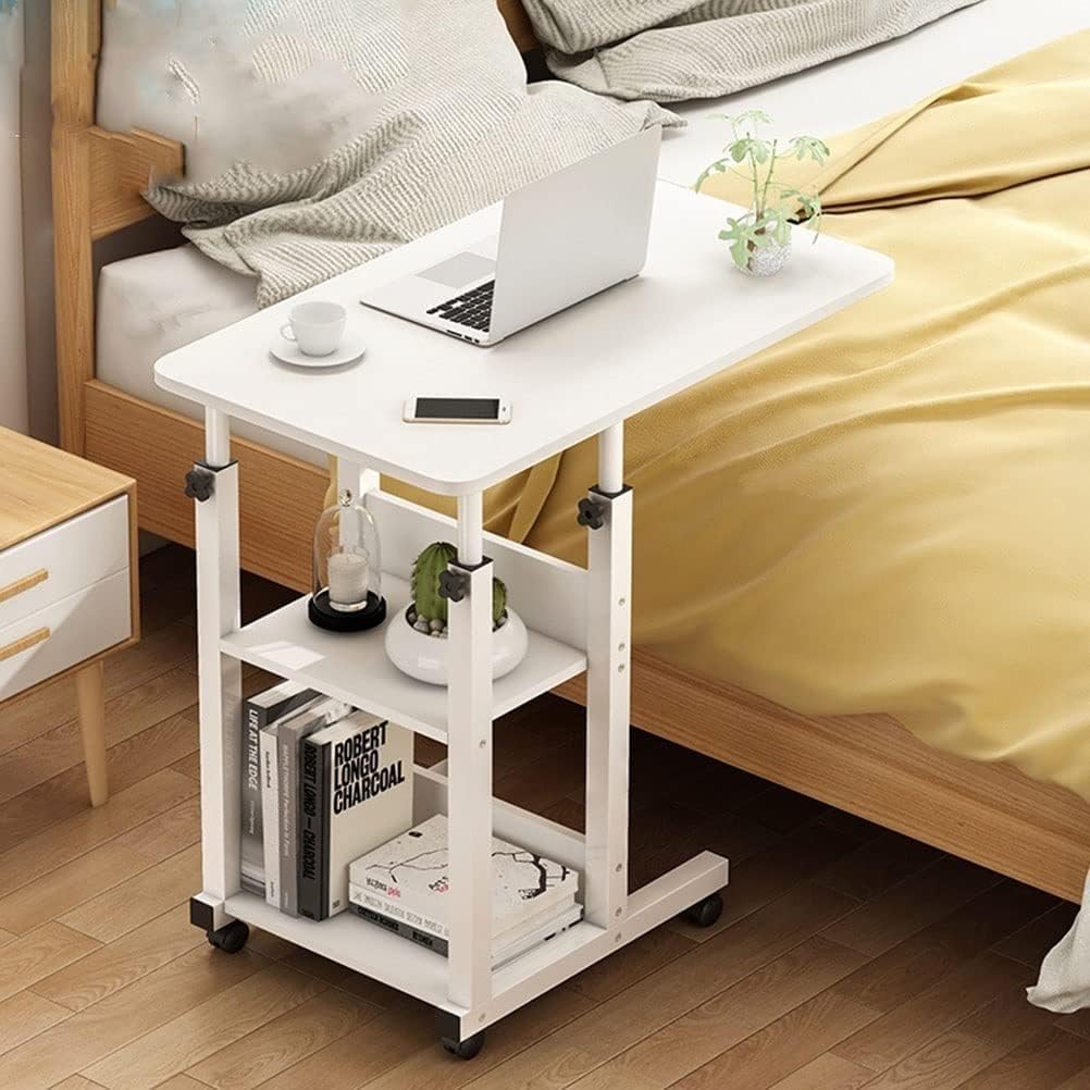 CGCSYZ Overbed Table Portable Standing Desk On Wheels Tray Table Overbed With Storage Adjustable Sofa Side Bed Laptop Cart Stand Height Mobile (White)