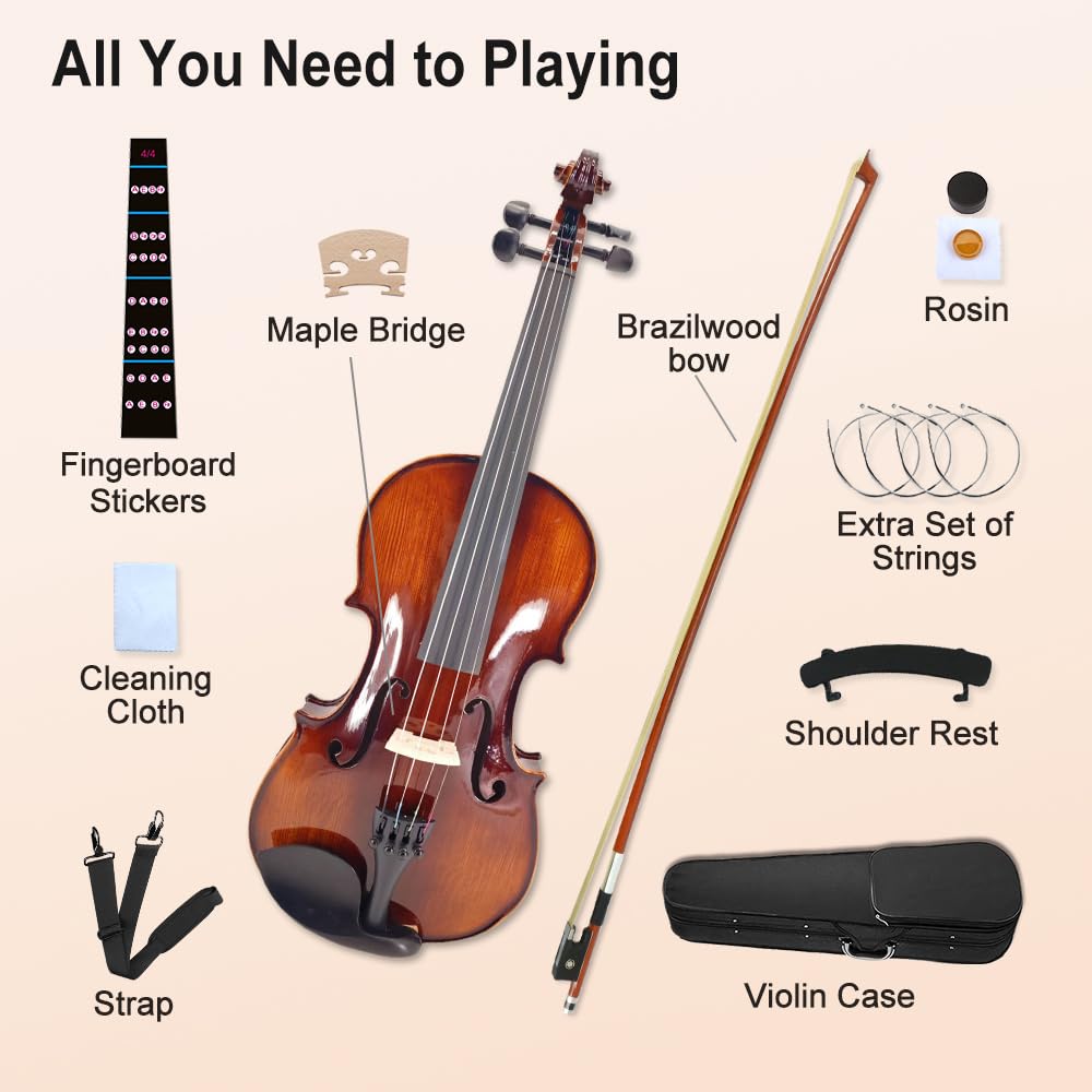 Vetimobato Kit complet de violon 4/4 fait à la main – Dos et éclisses en érable massif avec étui de rangement, archet, repose-épaules et cordes pour joueurs débutants (marron foncé, 4/4)