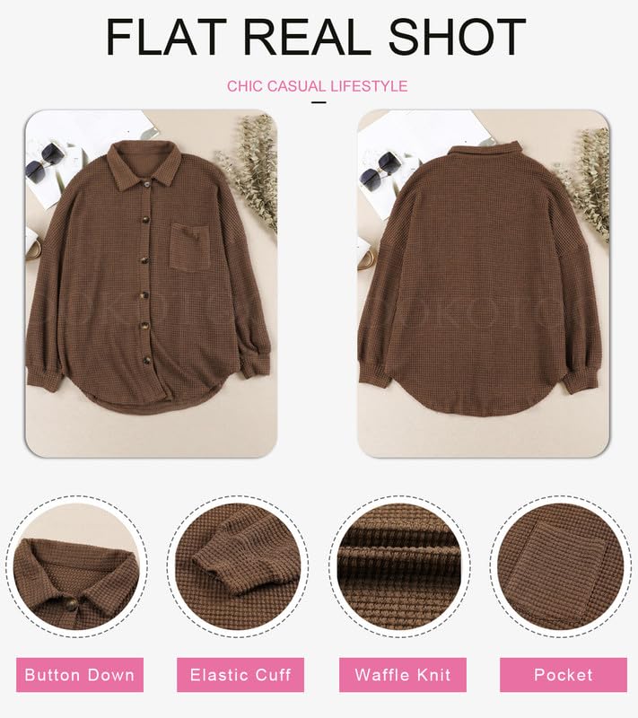 Image of Dokotoo Womens Waffle Knit Shacket Jacket Casual Button Down Shirts Tops | Long Sleeve,Loose Fit,Boyfriend Style,Collared V Neck,Fall Cardiga,Outwear with Pockets