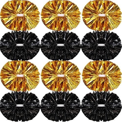 Hoteam 12 Pcs Cheer Pom Poms with Handle, Black, Gold, 12 Pack