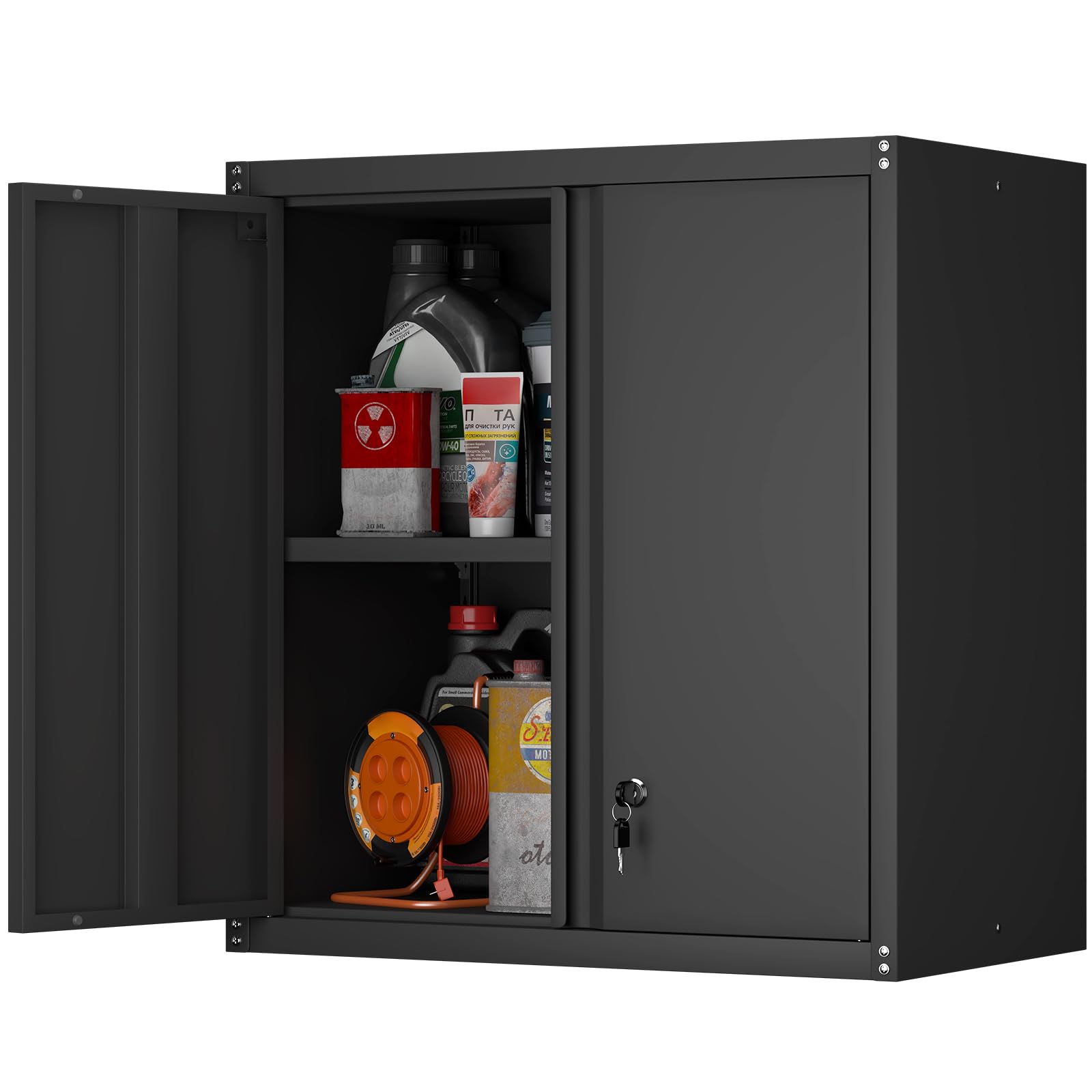 Steel Wall Cabinet, Metal Locking Wall Cabinet, Hanging Metal Cabinet for Garage Tool Storage, Wall Mount Tool Cabinet for Garage, Laundry Room, Office, Black