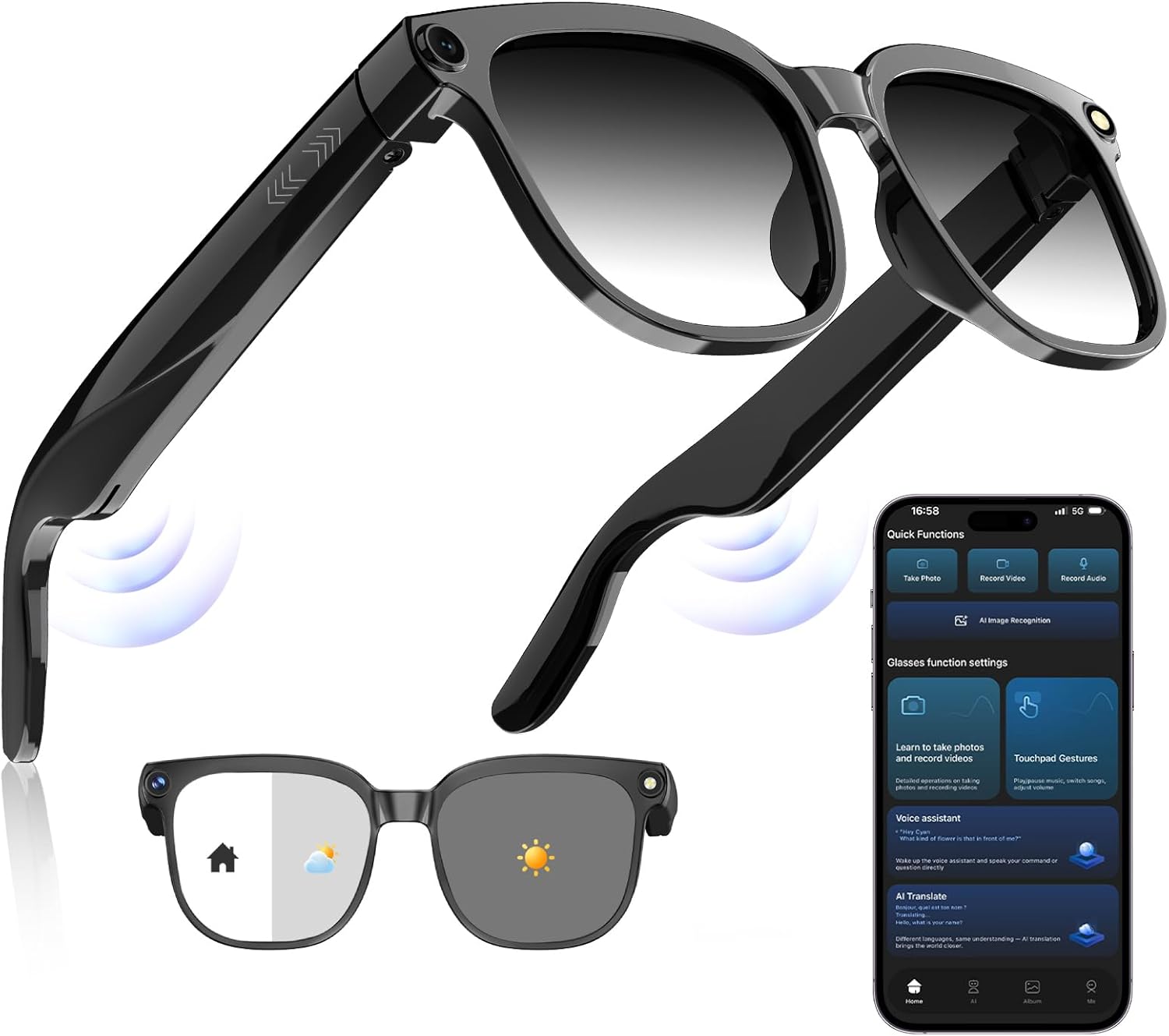 AI Smart Glasses with Camera,8MP HD Bluetooth Camera Glasses with ENC Noise Reduction,Replaceable Lenses,Voice Control,Music Playback,for Travel,Outdoor&Business