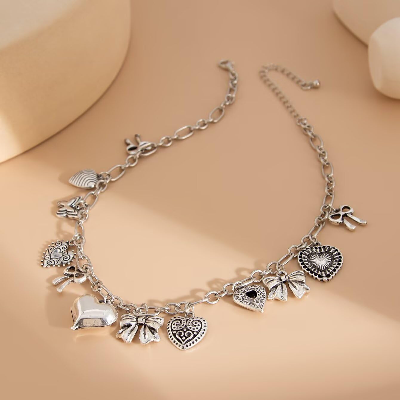 Gold Silver Plated Heart Charm Necklaces for Women Chunky Heart Bow Shell Pendant Necklace Y2k Statement Choker Necklace Summer Beach Jewelry Gifts for Women - Image 5