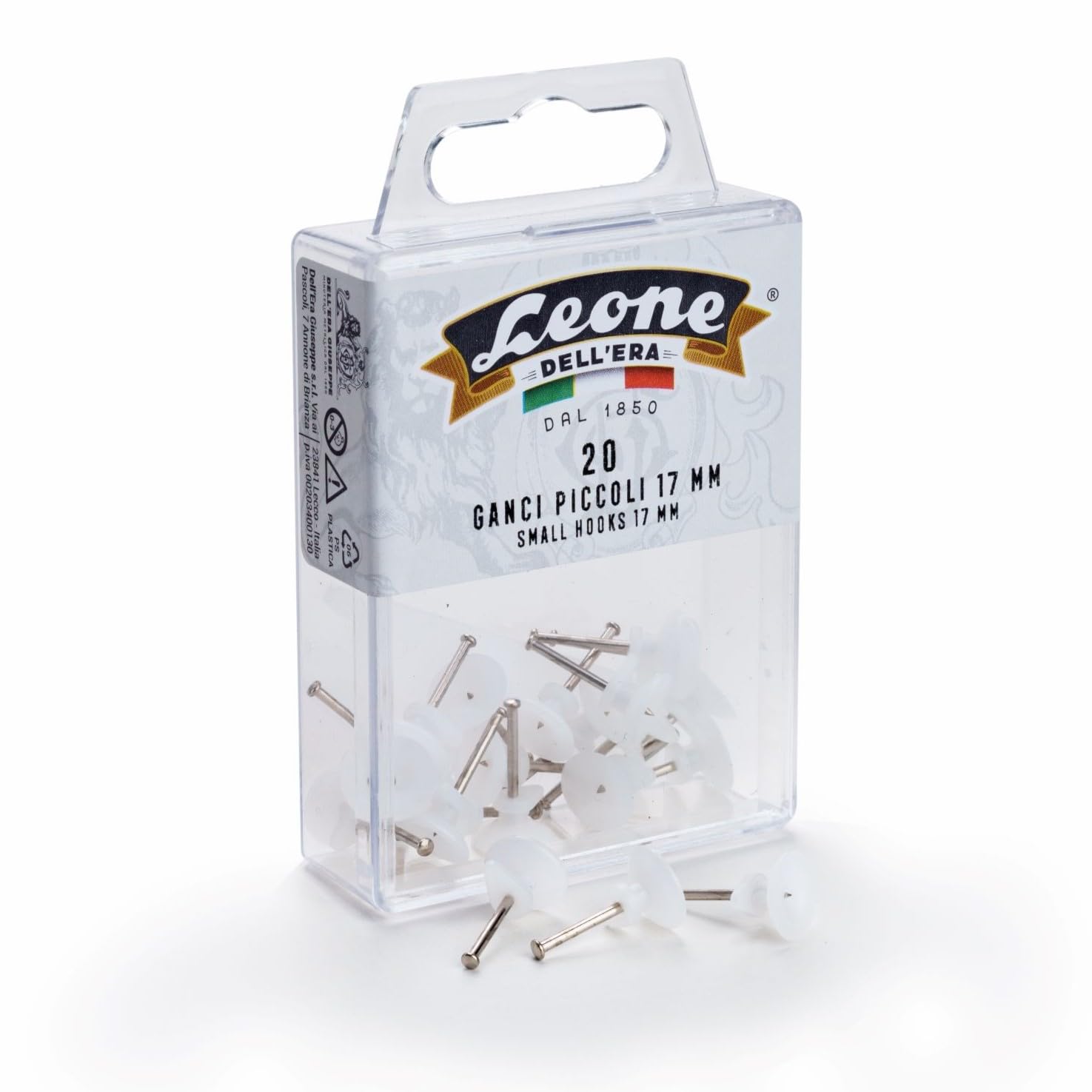 20 Ganci piccoli Leone Dell'Era per appendere quadri con spilli in acciaio temprato - Scatola appendibile - Made in Italy