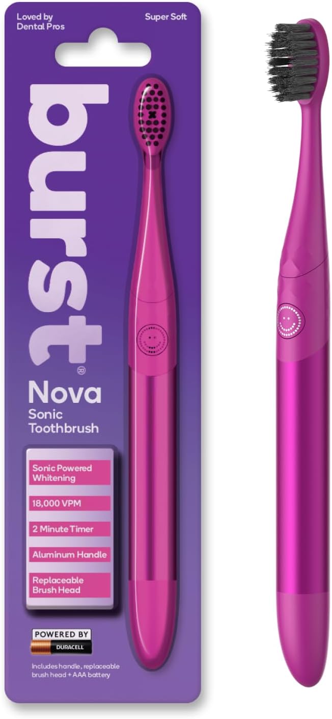 Burst Nova Toothbrush (Pink) | Sonic Powered Teeth Whitening | Super-Soft Bristles | 18000 VPM | 2 Minute Timer | Aluminum Handle | Replaceable Brush Head | Compact Size | with AAA Battery Burst Nova Toothbrush (Pink) | Sonic Powered Teeth Whitening | Super-Soft Bristles | 18000 VPM | 2 Minute Timer | Aluminum Handle | Replaceable Brush Head | Compact Size | with AAA Battery