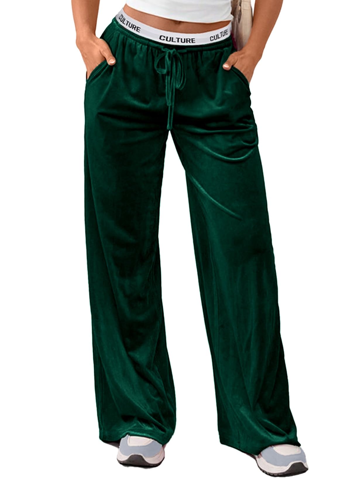 Herseas Womens High Waisted Wide Leg Contrast Waistband Long Pants 2025 Fall Casual Front Tie Velour Sweatpants