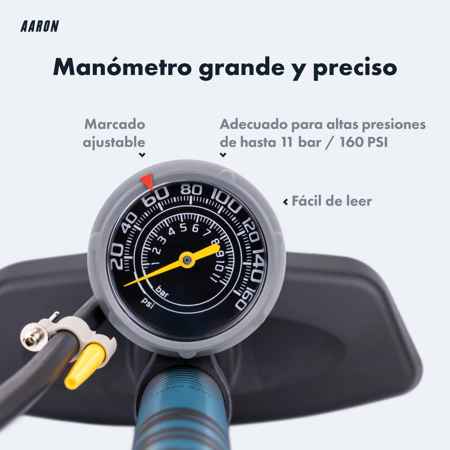 AARON Sport One - Bomba de pie para Bicicleta manómetro para Todo Tipo de válvulas, con Accesorio para Pelotas, Amarillo
