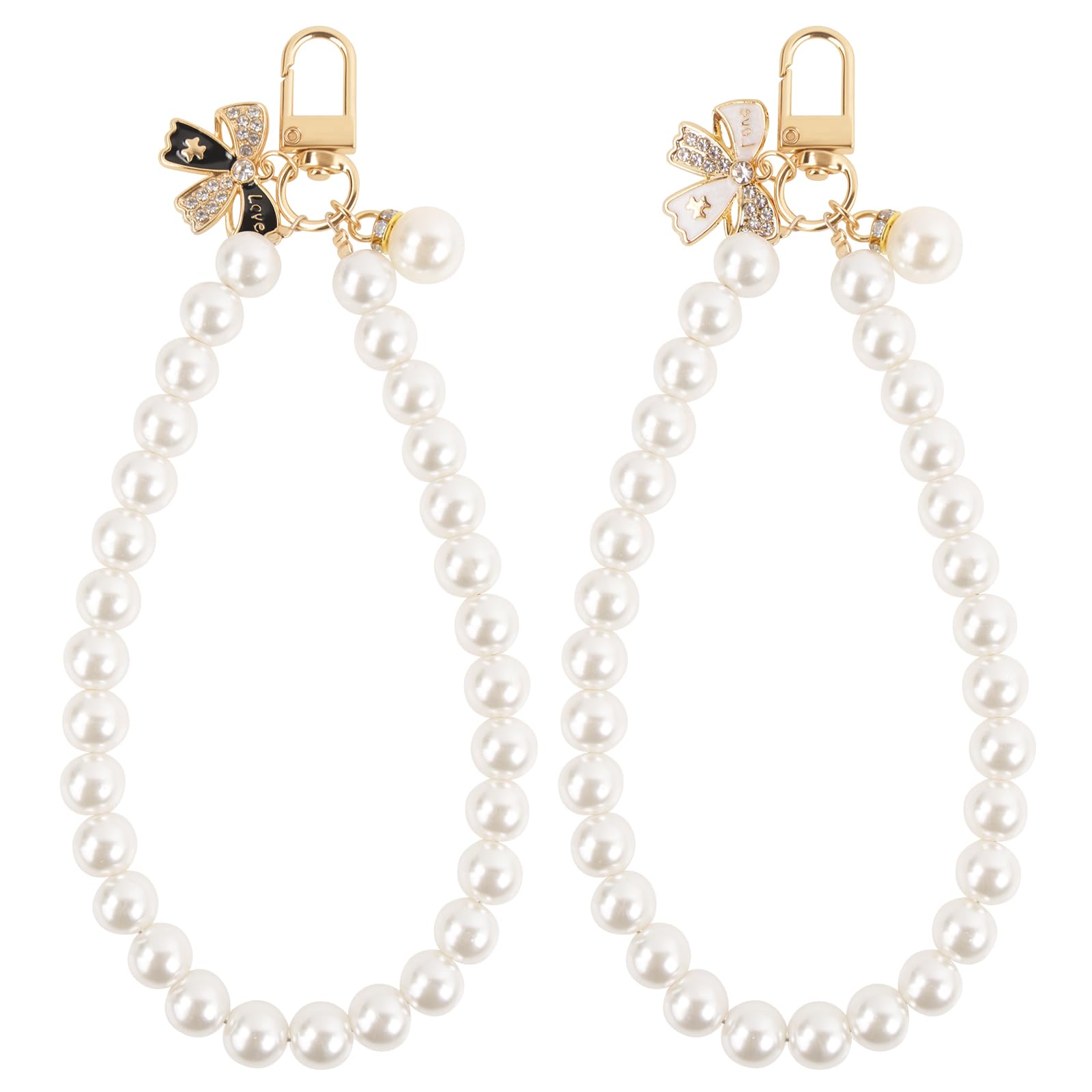 AULEEP 2pcs Classic Pearl Phone Charm for Women, Butterfly Beaded Smartphone Bracelet Wrist Strap, Handmade Chain for iPhone