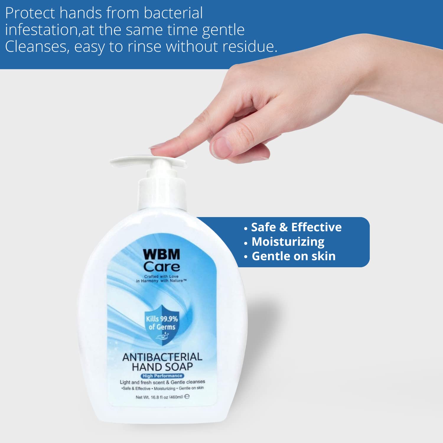 WBM Care Hand Soap 16.8 fl oz/Each, Crafted with Love in Harmony with Nature, Effective Cleanser with Light & Fresh Scent, Liquid Hand Soap- Pack of 6