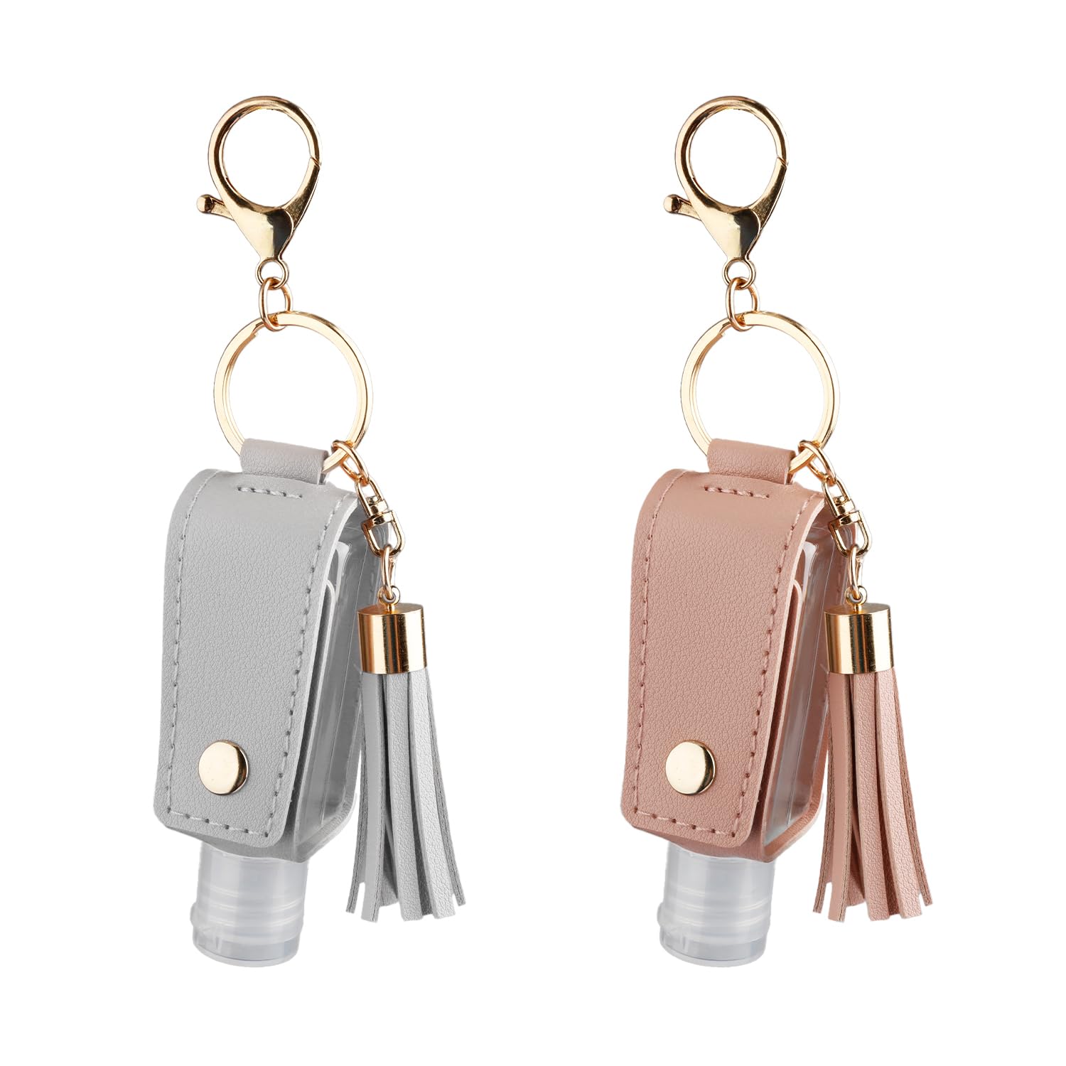 Bojueshaw 2Pack Refillable Travel Bottles Keychain,Leakproof Plastic Bottles with PU Leather Cover,Portable Hand Sanitizer Holders for Travel,Gym,Office