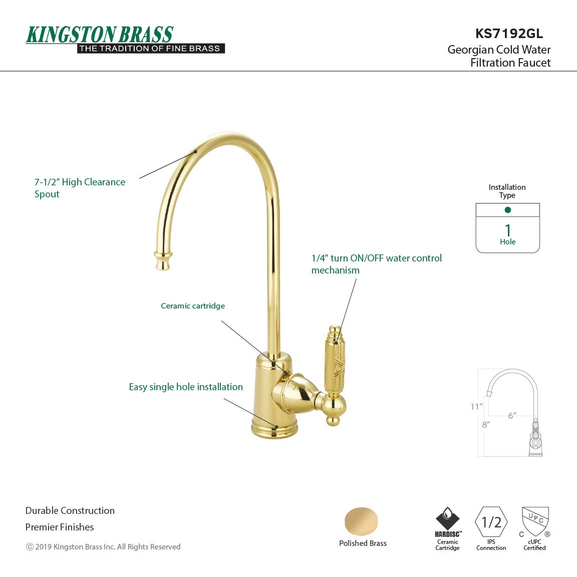 Kingston Brass Gourmetier KS7192GL - Rubinetto georgiano per filtraggio dell'acqua, con manico singolo, in ottone lucido