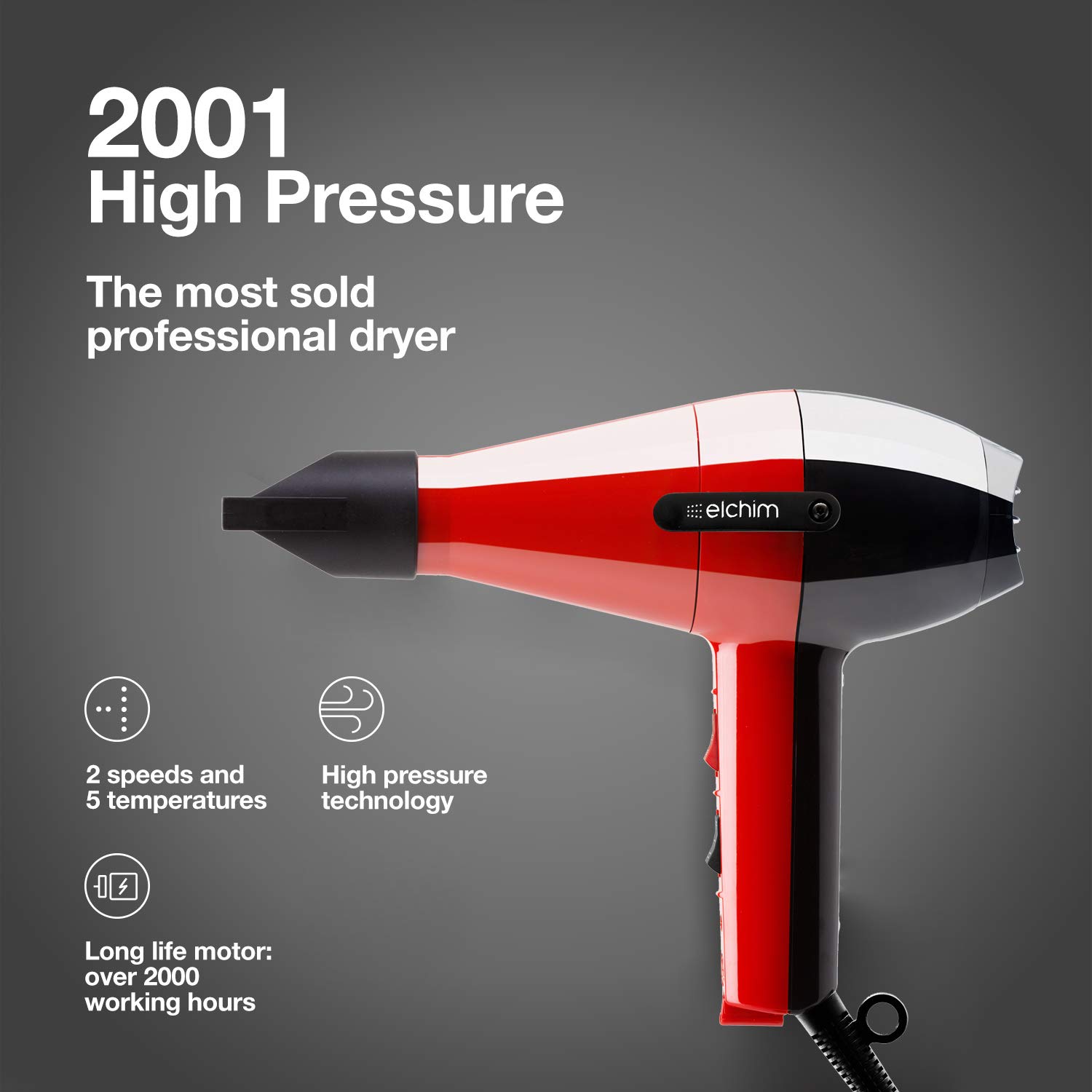 Elchim Classic 2001 Hair Dryer: Light 1875 Watt Quick Dry Professional Salon Blow Dryer - Red/Black : Beauty & Personal Care