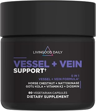 Livingood Daily Vessel & Vein Support, Circulation & Vein Support Supplement with Diosmin, Horse Chestnut, Nattokinase, Gotu Kola & Vitamin K2, Vascular & Vein Health Formula, Gluten Free, 60 Capsules