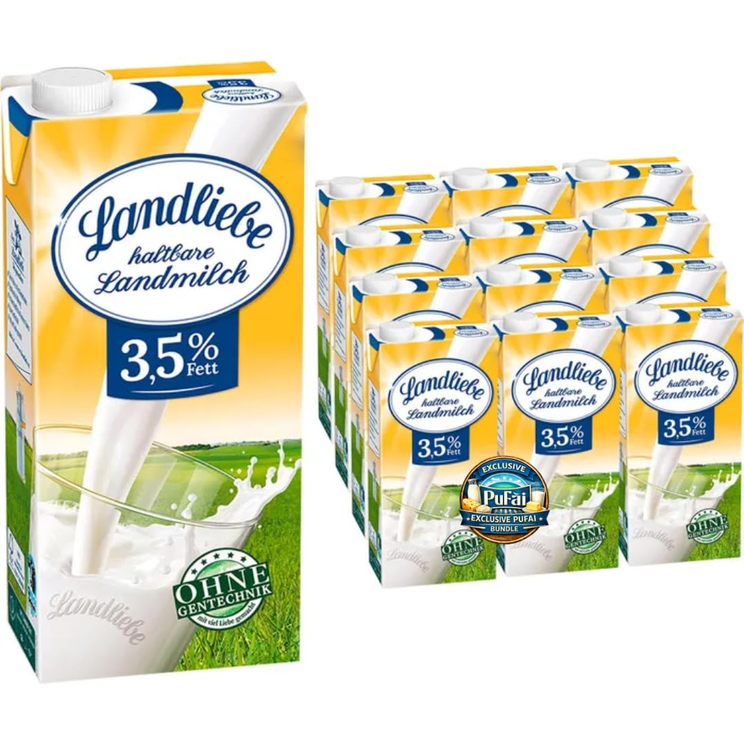 PUFAI Bundle – Landliebe H-Vollmilch 3,5% Fett 1 Liter x 12 | Ultrahocherhitzt & homogenisiert | Trinkmilch im Vorratspack
