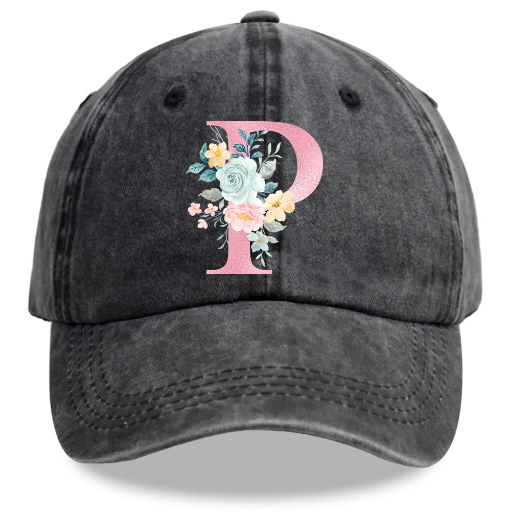Tacoesha A-Z Personalized Hats for Women Girls, Adjustable Cotton Cute Letter Flower Baseball Cap