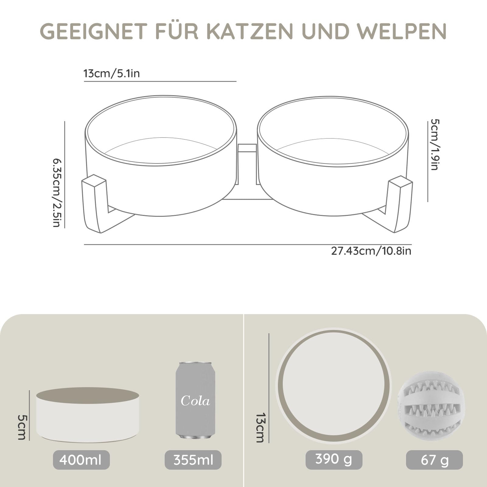 SPUNKYJUNKY Hundenapf Keramik Doppel Hund Futternapf mit Bambus Ständer für Katzen und Hunde (400ml, 2-Grau)