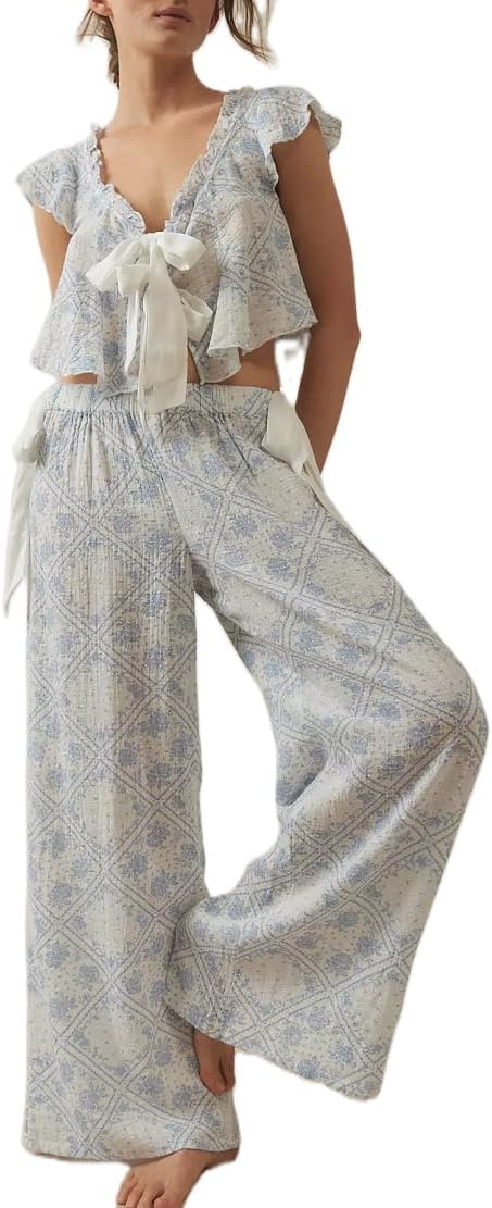 Adoeren Women Y2k 2 Piece Front Tie Pajama Ruched Ruffle Sleeveless V Neck Crop Tops Long Pants Loose Print Sleepwear Sets