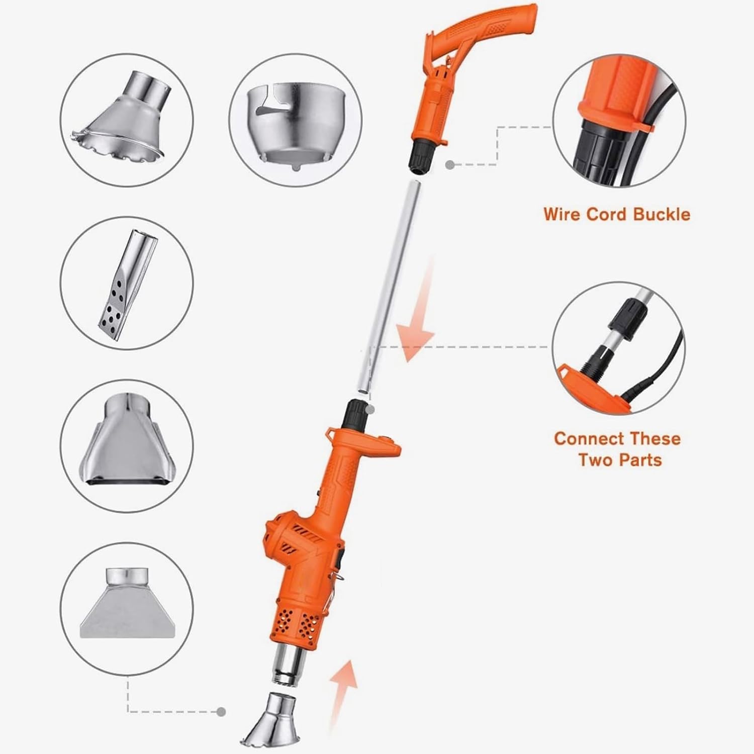 Diagram showing how to connect the main unit to the extension handle and attach nozzles.